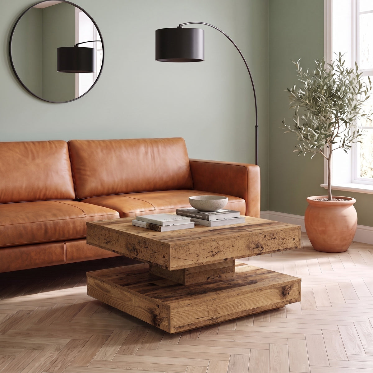 Table basse rotative Rondo, vieux bois – en situation dans un salon #Couleur_Vieux bois