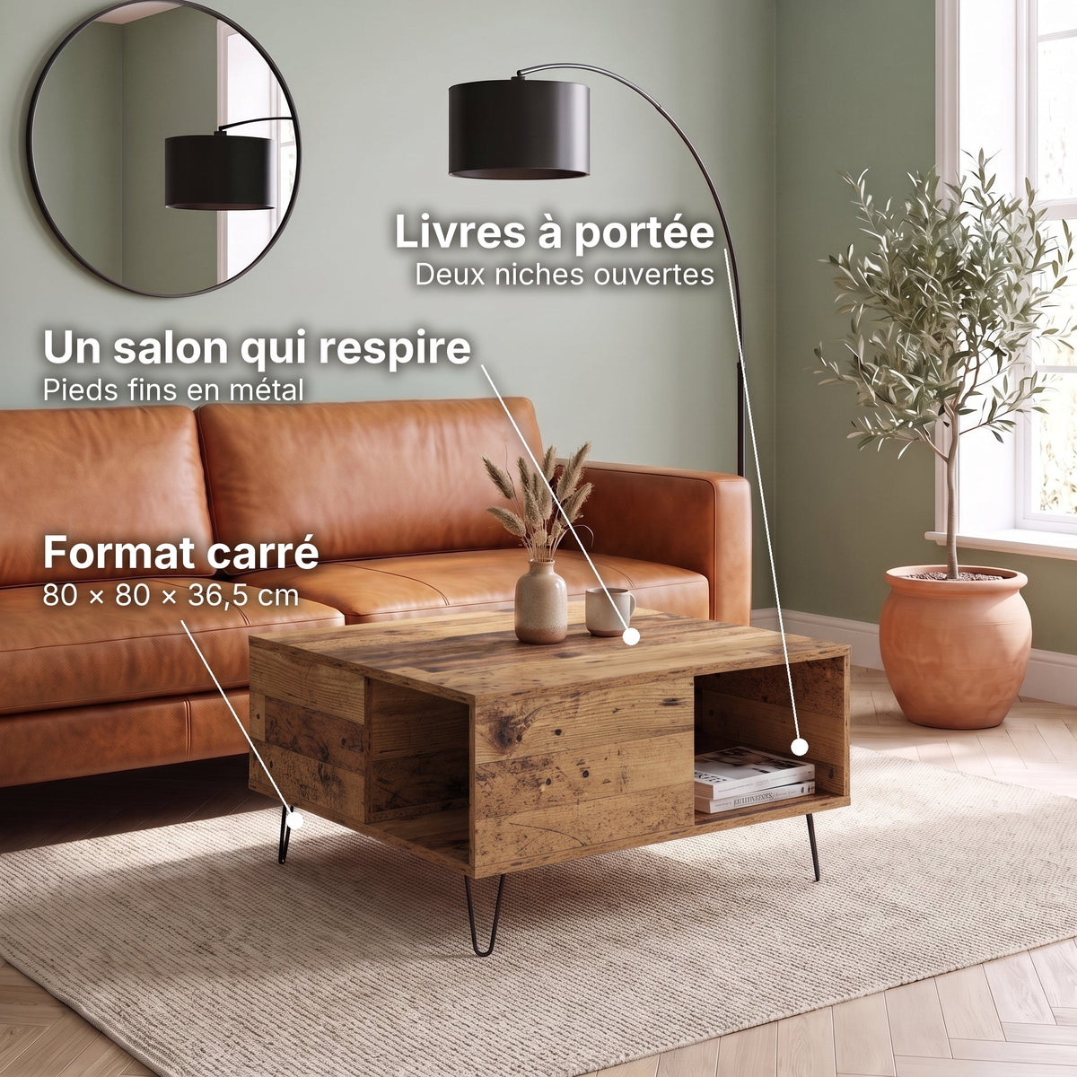 Table basse scandinave carrée avec niche Savia bois ancien : un salon qui respire (Pieds fins en métal), livres à portée (Deux niches ouvertes), format carré (80 × 80 × 36,5 cm) #Couleur_Bois ancien