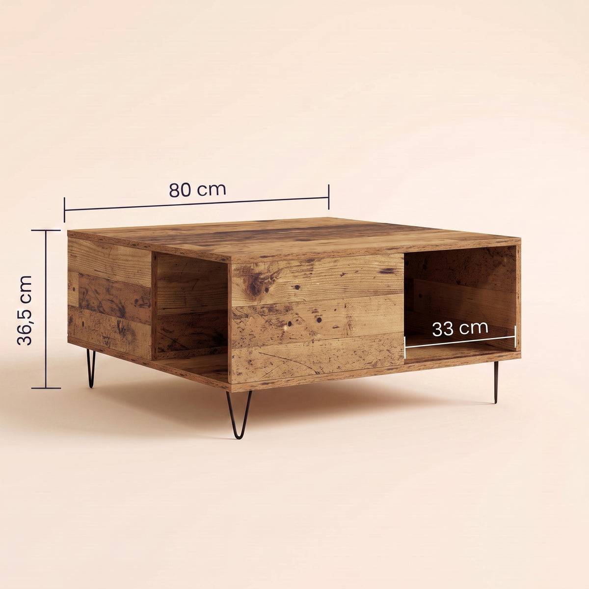 Dimensions de la table Savia : 80 x 80 cm, 36,5 cm de haut, niche 33 cm #Couleur_Bois ancien