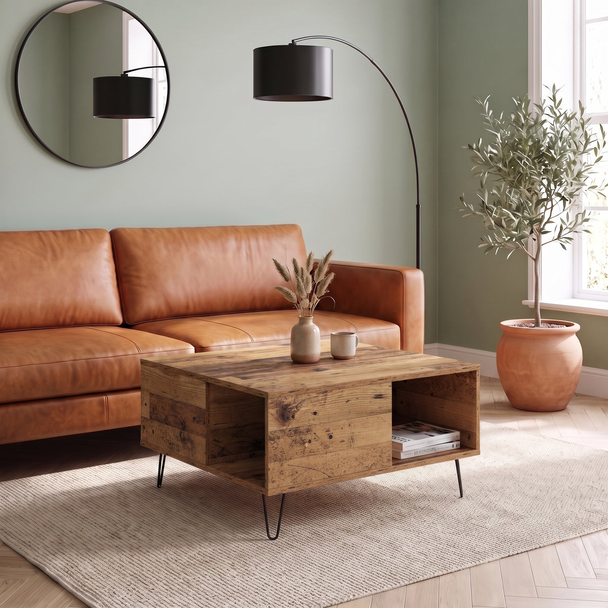 Table Savia bois ancien dans un salon lumineux #Couleur_Bois ancien