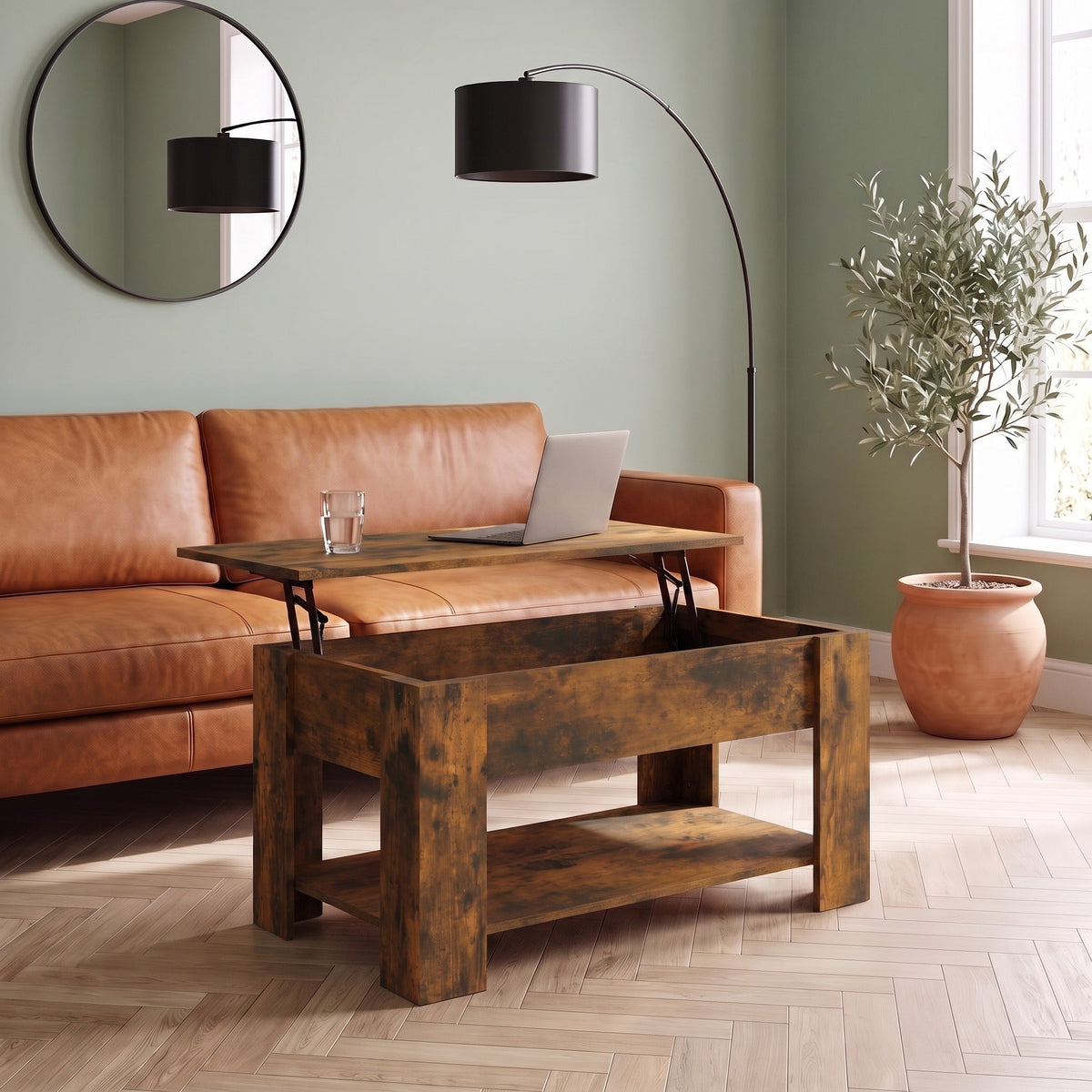 Table Aveline chêne fumé plateau relevé avec ordinateur portable dans un salon #Dimensions_101 × 49 × 52 cm #Couleur_Chêne fumé