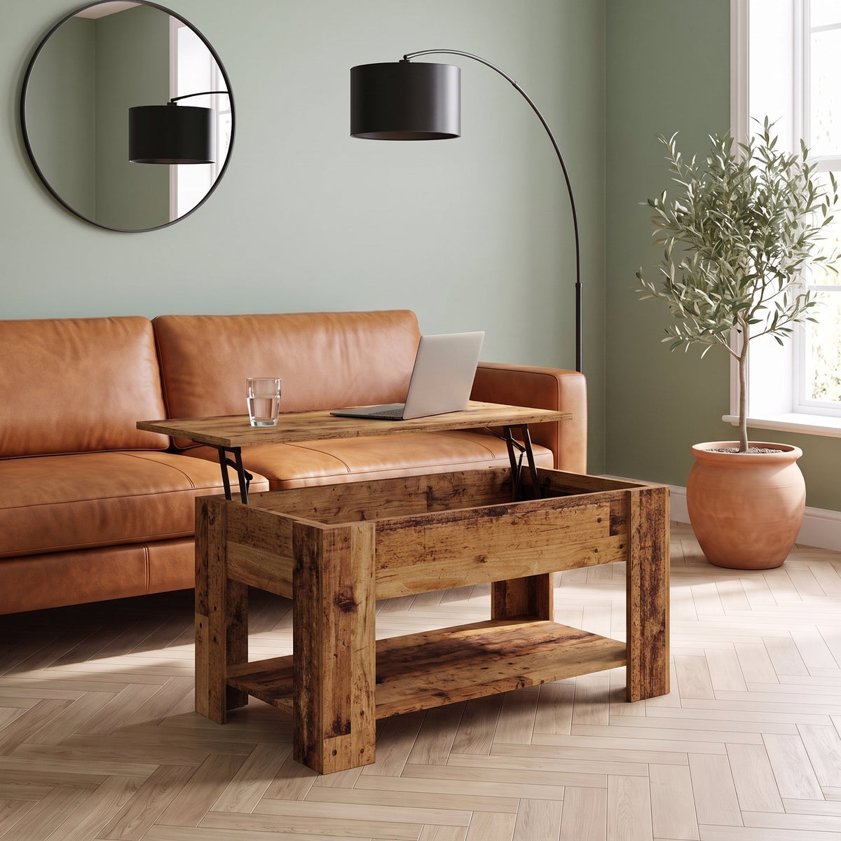 Table Aveline vieux bois plateau relevé avec ordinateur portable dans un salon #Dimensions_101 × 49 × 52 cm #Couleur_Vieux bois