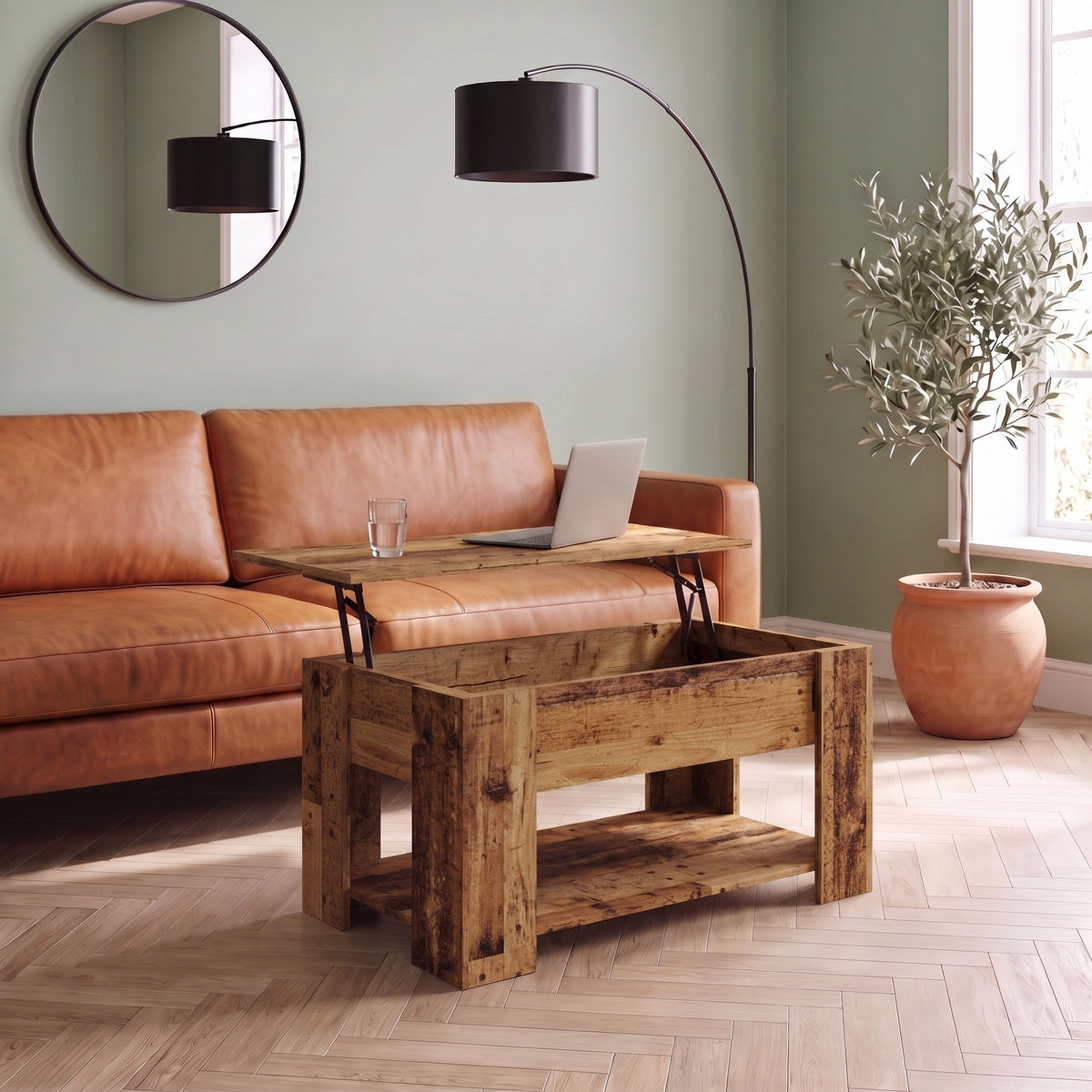 Table Aveline 79 cm vieux bois plateau relevé dans un salon #Dimensions_79 × 49 × 41 cm #Couleur_Vieux bois