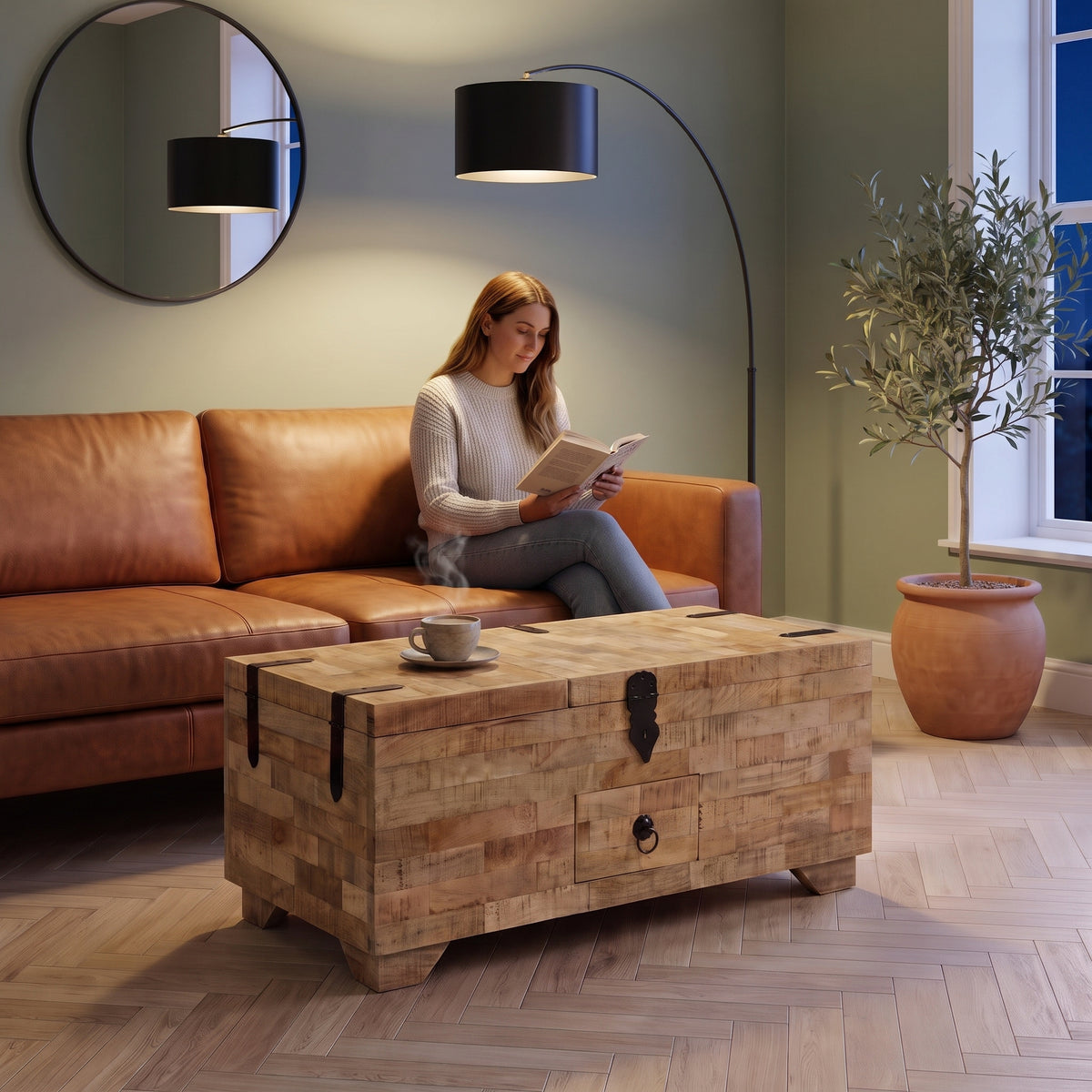 Table basse coffre en bois massif Madera bois naturel au quotidien : lecture du soir, tasse de thé posée sur le plateau #Couleur_Bois naturel