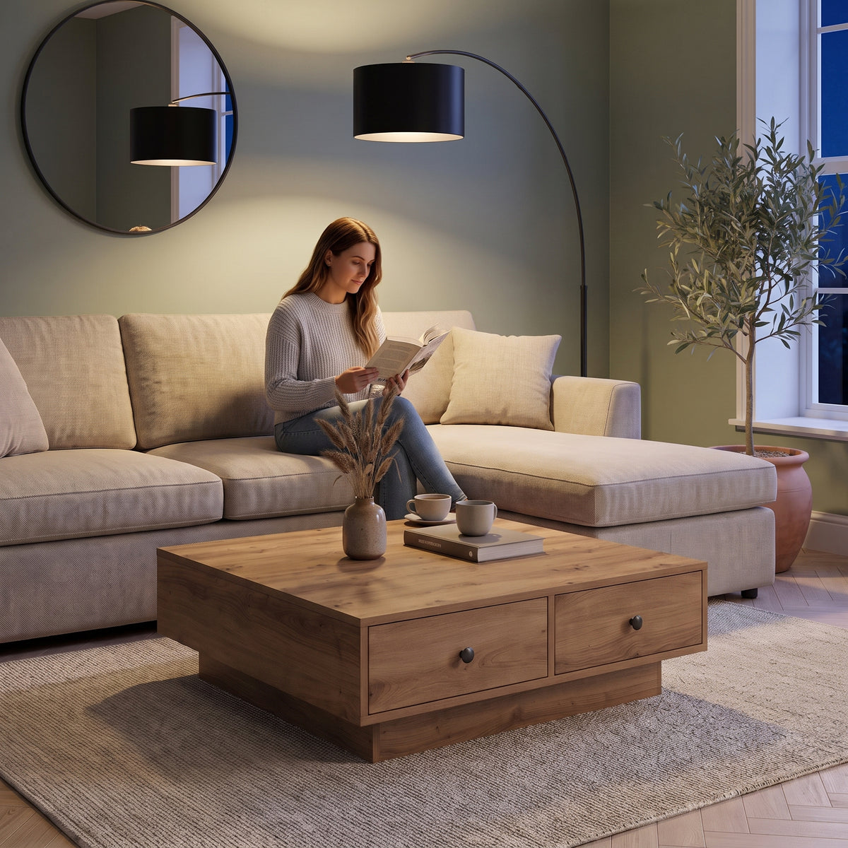 Grande table basse carrée 90x90 avec tiroirs Vasta chêne artisanal au quotidien : lecture du soir, tasse de thé posée sur le plateau #Couleur_Chêne artisanal