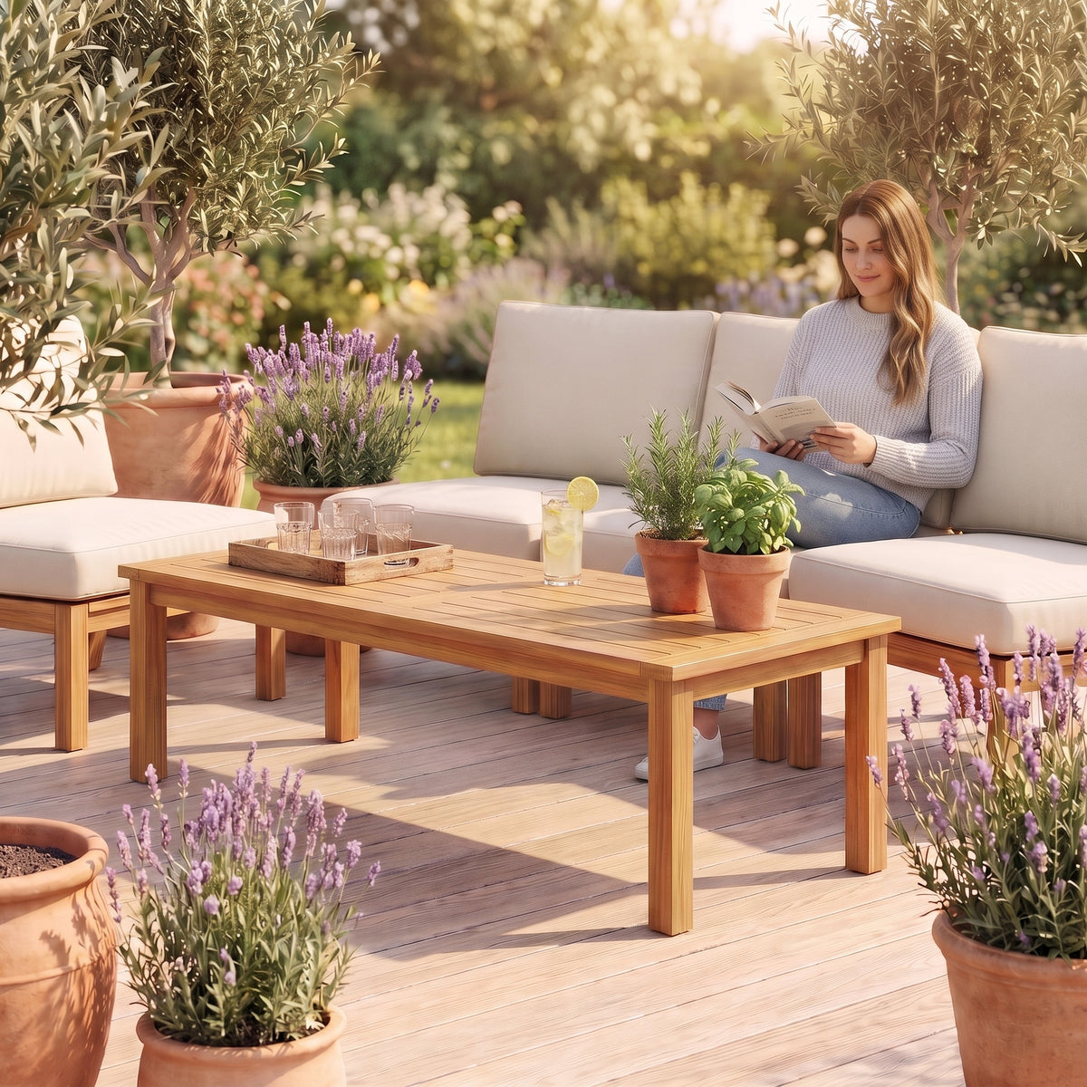 Table basse de jardin en teck massif Timba 110 × 55 × 45 cm au quotidien : lecture au coucher du soleil, citronnade sur le plateau #Dimensions_110 × 55 × 45 cm