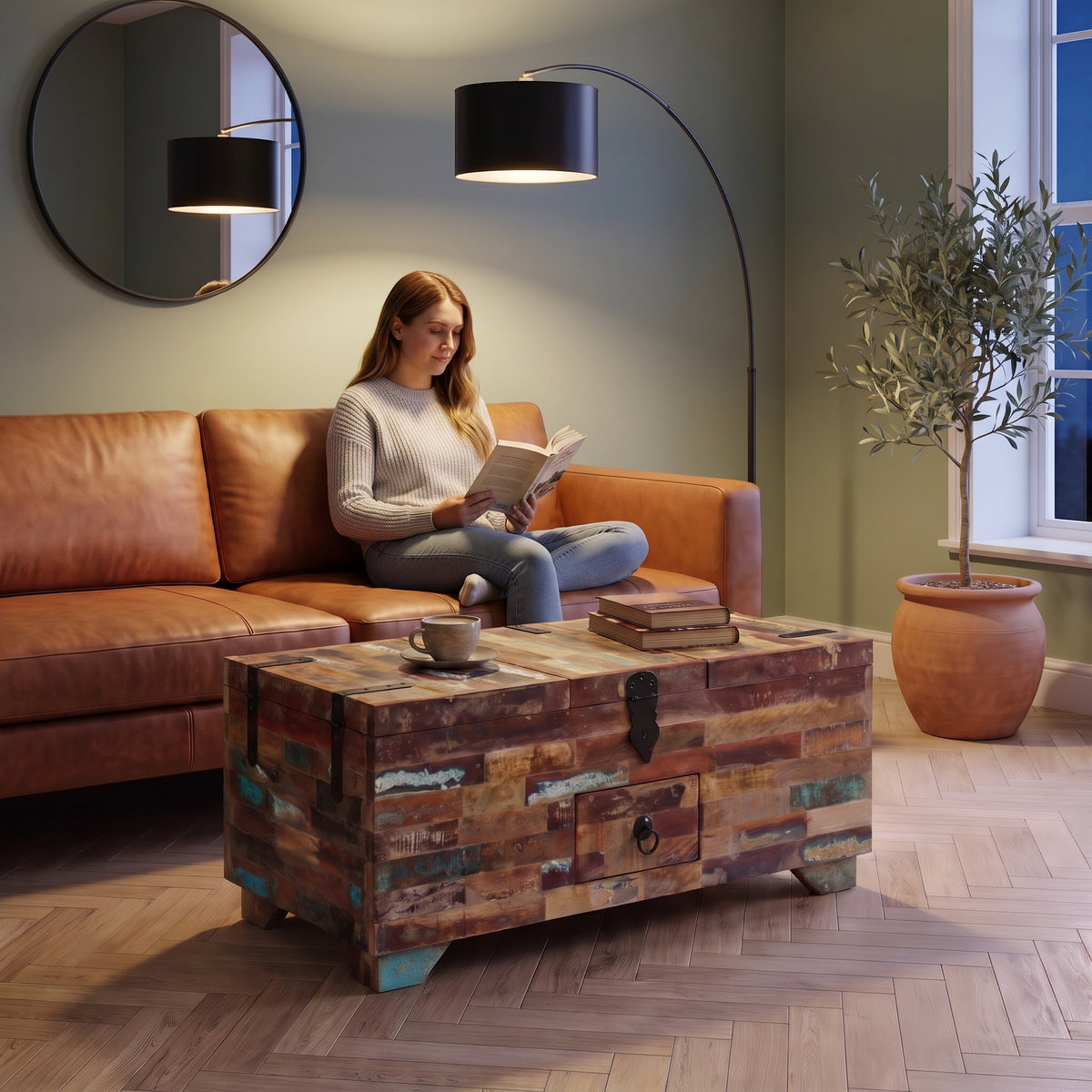Table basse coffre en bois massif Madera bois coloré au quotidien : lecture du soir, tasse de thé posée sur le plateau #Couleur_Bois coloré