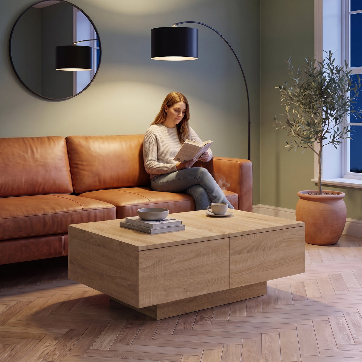 Table basse décor bois avec tiroirs Alcova chêne sonoma au quotidien : lecture du soir, tasse de thé posée sur le plateau #Couleur_Chêne sonoma