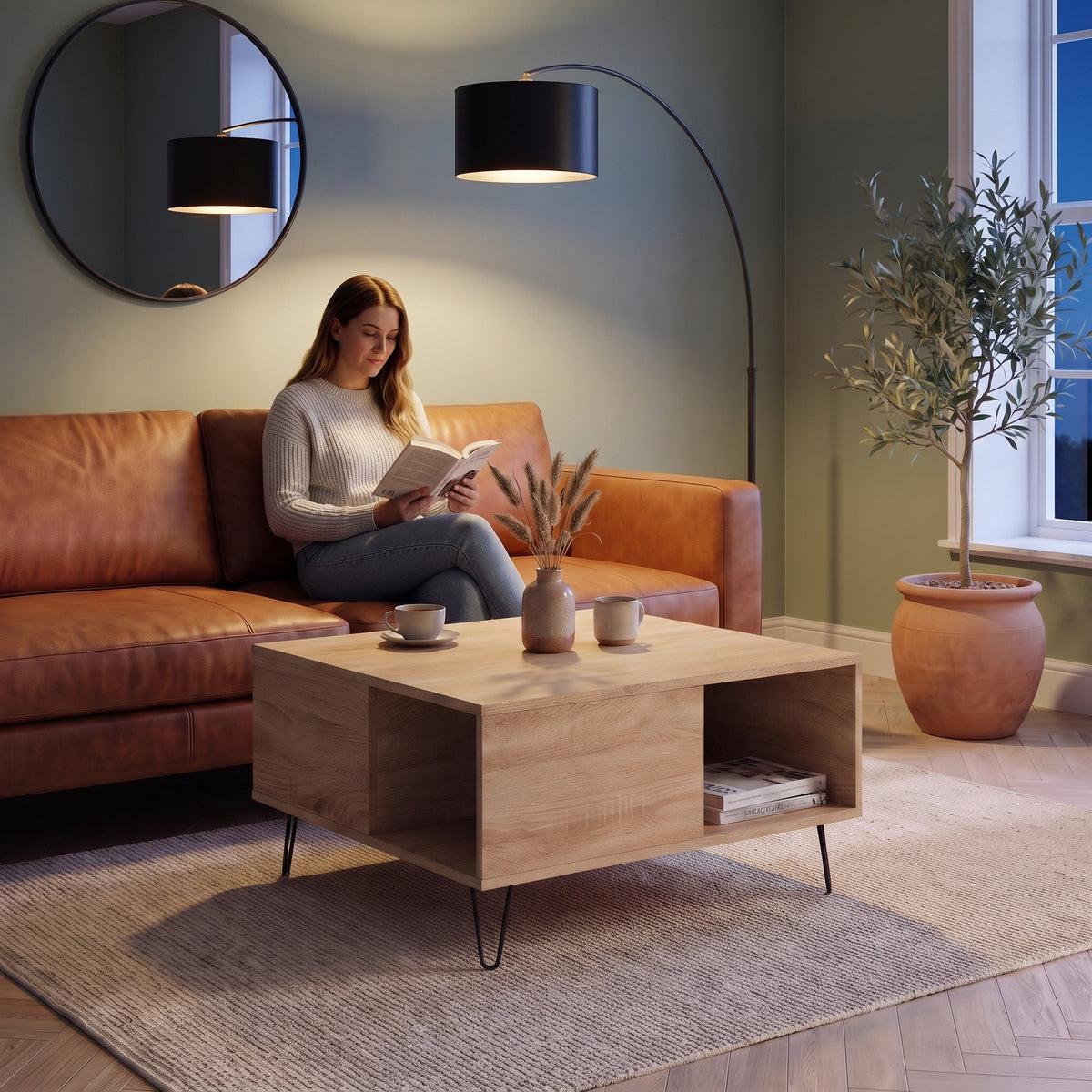 Table basse scandinave carrée avec niche Savia chêne sonoma au quotidien : lecture du soir, tasse de thé posée sur le plateau #Couleur_Chêne sonoma