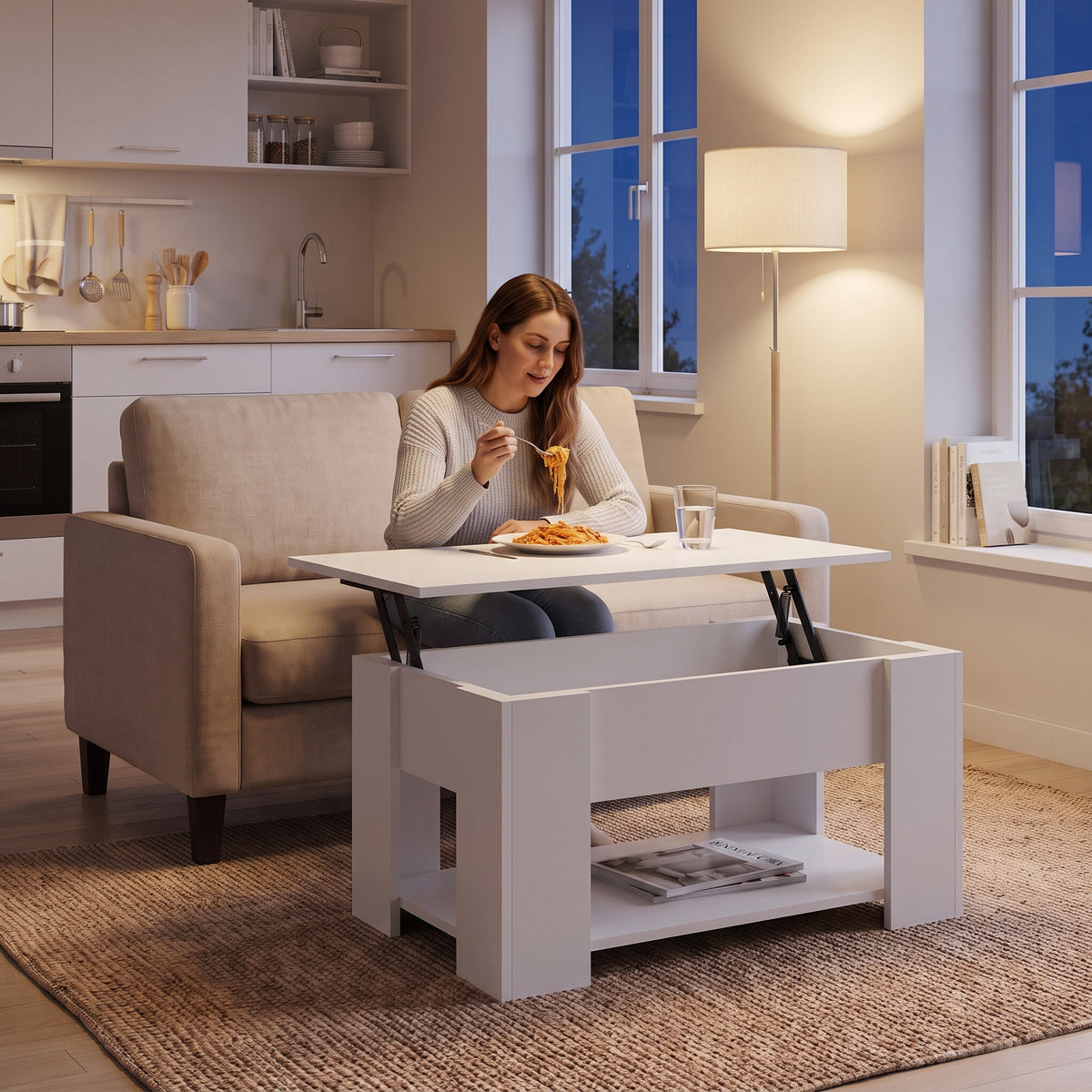 Table basse relevable avec rangement Onda blanc , 79 × 49 × 41 cm au quotidien : dîner devant un film sur le plateau relevé #Couleur_Blanc #Dimensions_79 × 49 × 41 cm