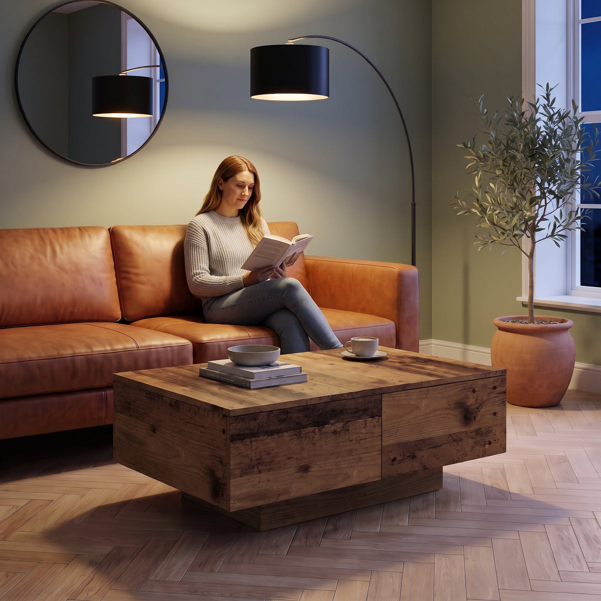 Table basse décor bois avec tiroirs Alcova vieux bois au quotidien : lecture du soir, tasse de thé posée sur le plateau #Couleur_Vieux bois