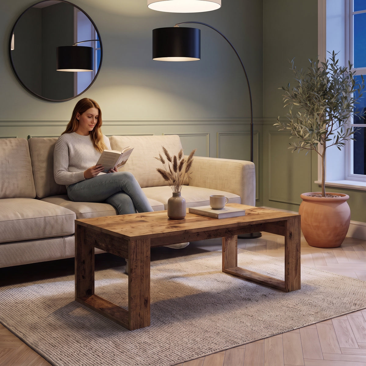 Table basse rectangulaire décor bois 102 cm Arlon vieux bois au quotidien : lecture du soir, tasse de thé posée sur le plateau #Couleur_Vieux bois