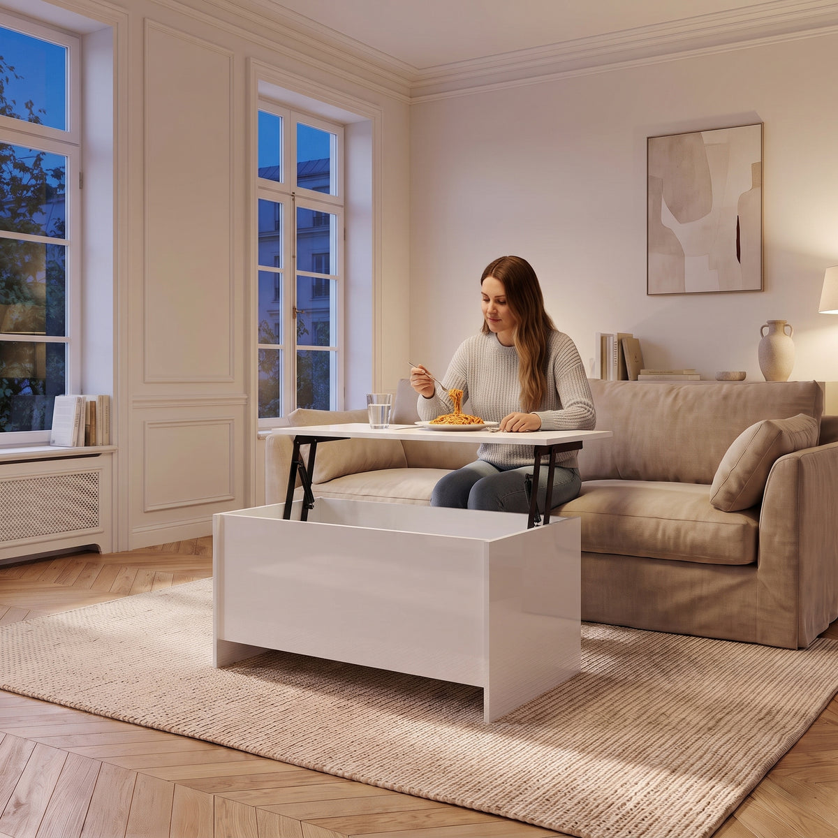 Table basse avec plateau relevable et coffre Velia 102 × 55,5 × 52,5 cm , blanc brillant au quotidien : dîner devant un film sur le plateau relevé #Dimensions_102 × 55,5 × 52,5 cm #Couleur_Blanc brillant