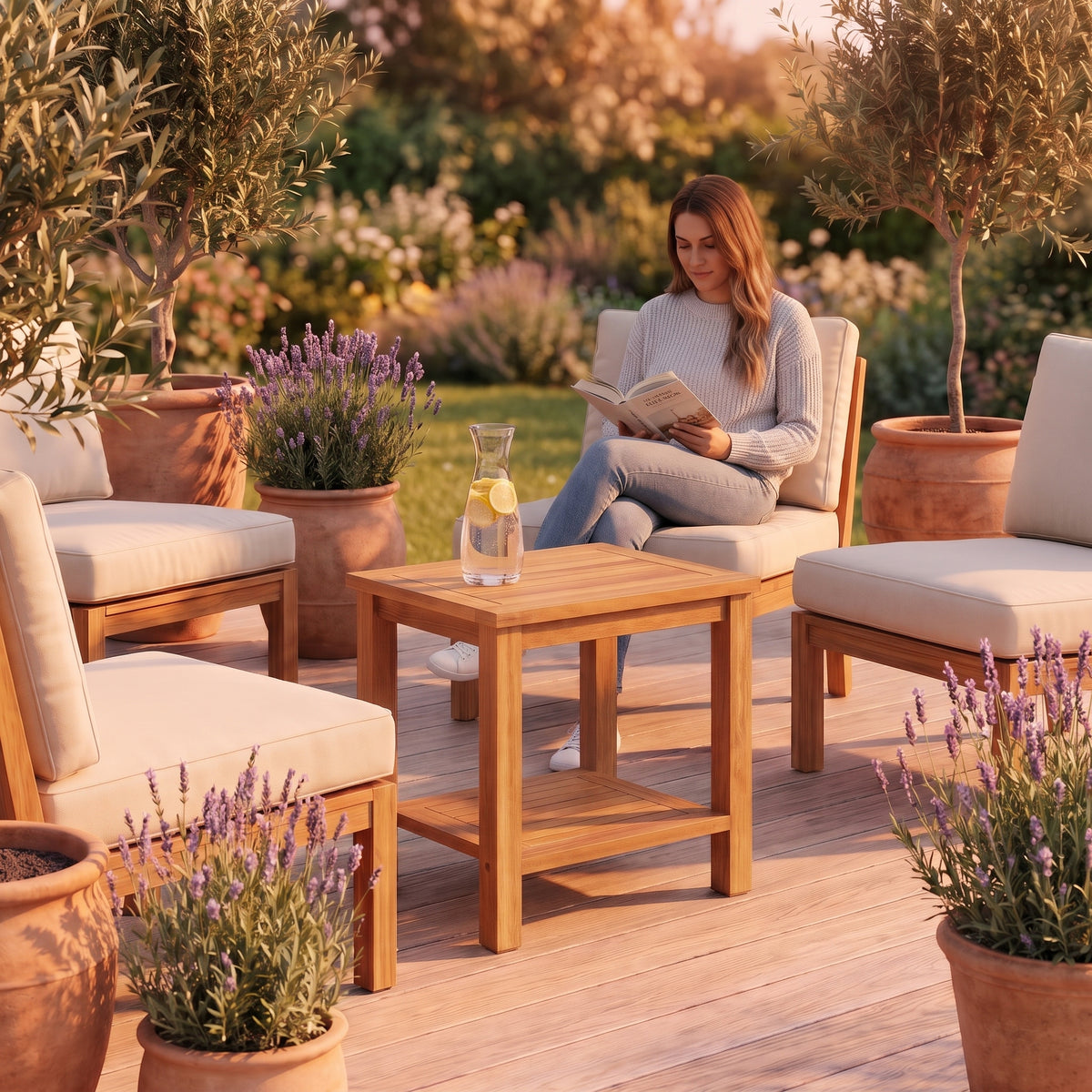 Table basse de jardin en teck massif Timba 50 × 35 × 45 cm au quotidien : lecture au coucher du soleil, citronnade sur le plateau #Dimensions_50 × 35 × 45 cm