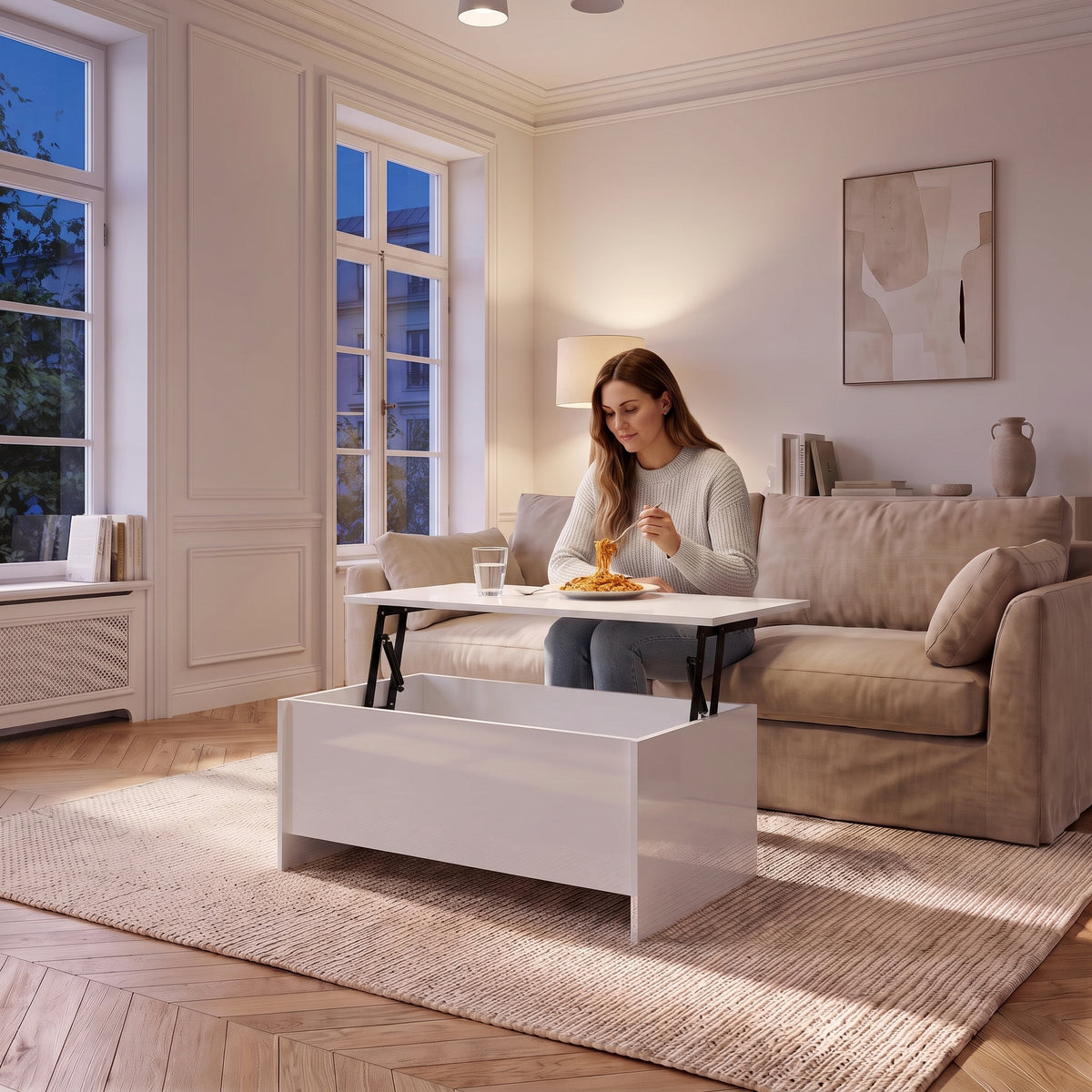 Table basse avec plateau relevable et coffre Velia 80 × 55,5 × 41,5 cm , blanc brillant au quotidien : dîner devant un film sur le plateau relevé #Dimensions_80 × 55,5 × 41,5 cm #Couleur_Blanc brillant