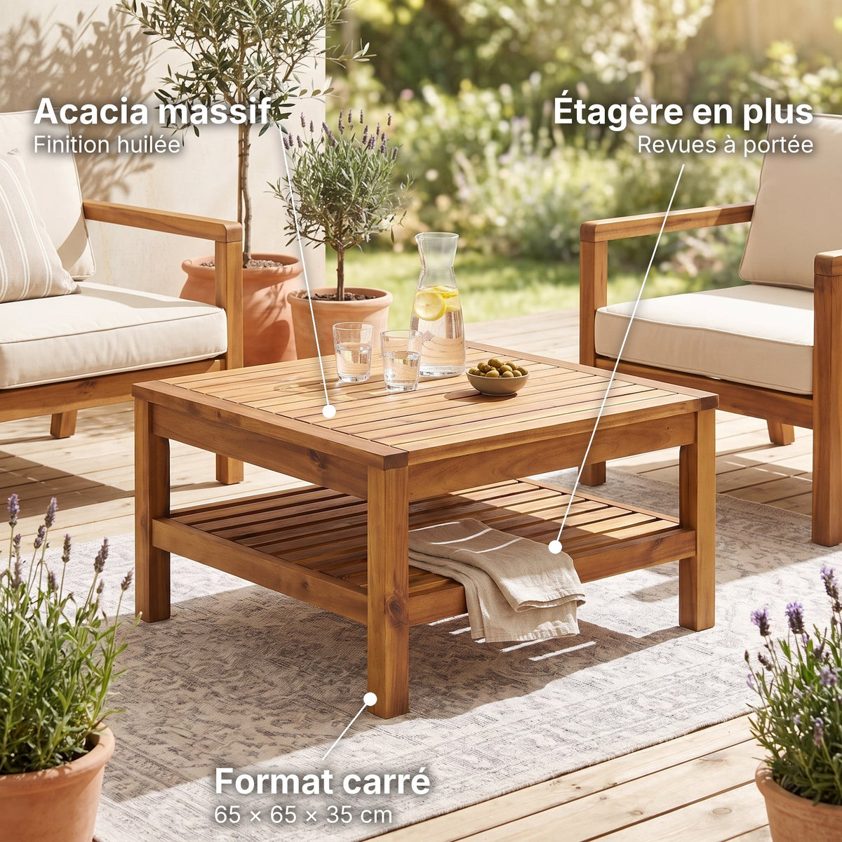 Petite table basse de jardin en acacia massif Soléa : acacia massif (Finition huilée), étagère en plus (Revues à portée), format carré (65 × 65 × 35 cm)