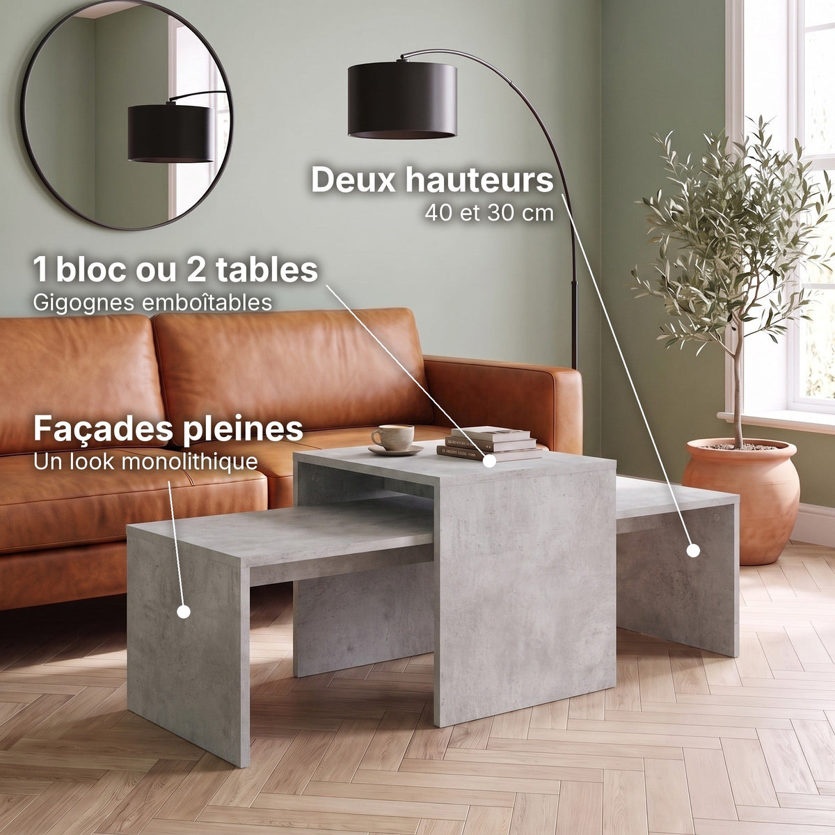 Tables gigognes rectangulaires Solna gris béton : 1 bloc ou 2 tables (Gigognes emboîtables), deux hauteurs (40 et 30 cm), façades pleines (Un look monolithique) #Couleur_Gris béton
