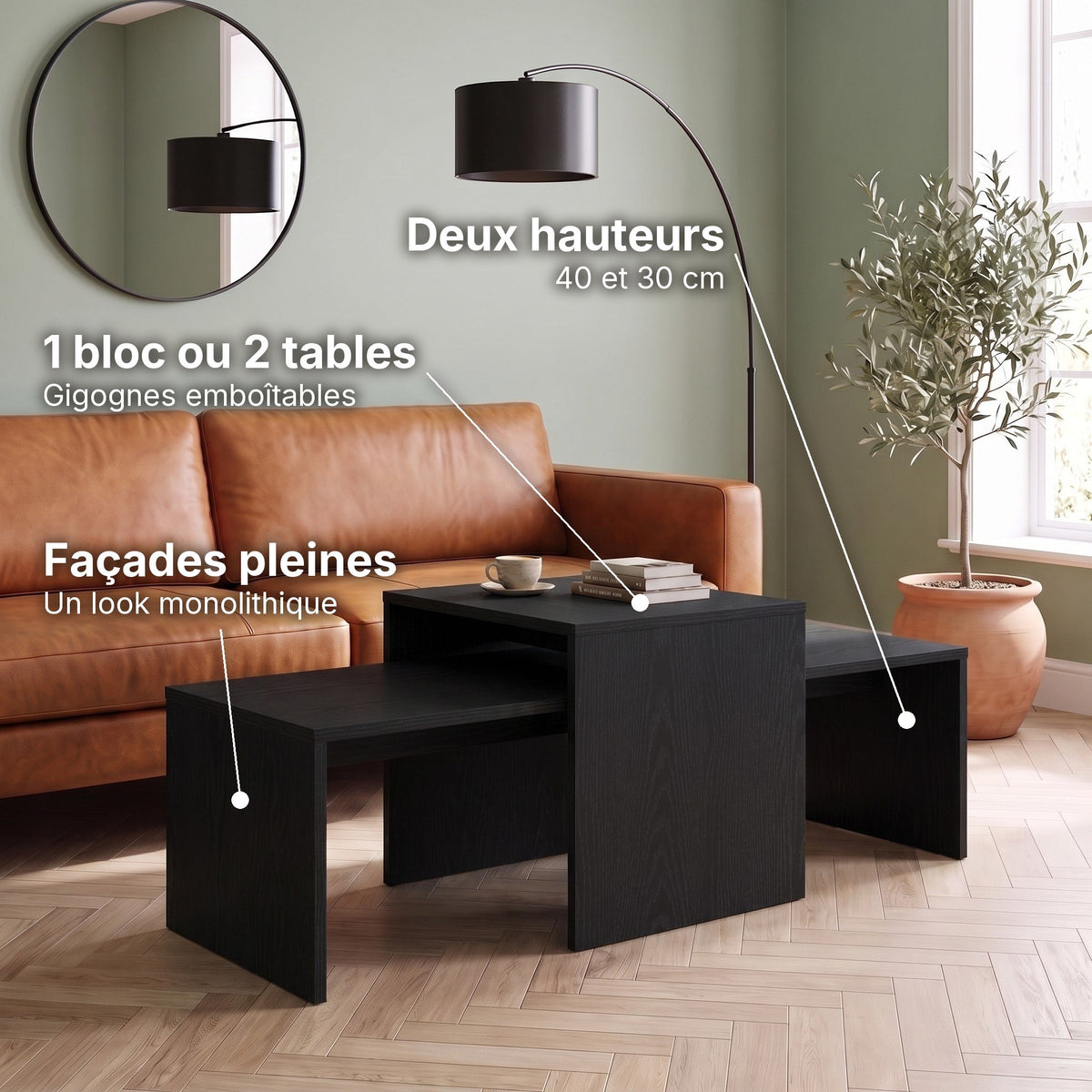 Tables gigognes rectangulaires Solna chêne noir : 1 bloc ou 2 tables (Gigognes emboîtables), deux hauteurs (40 et 30 cm), façades pleines (Un look monolithique) #Couleur_Chêne noir