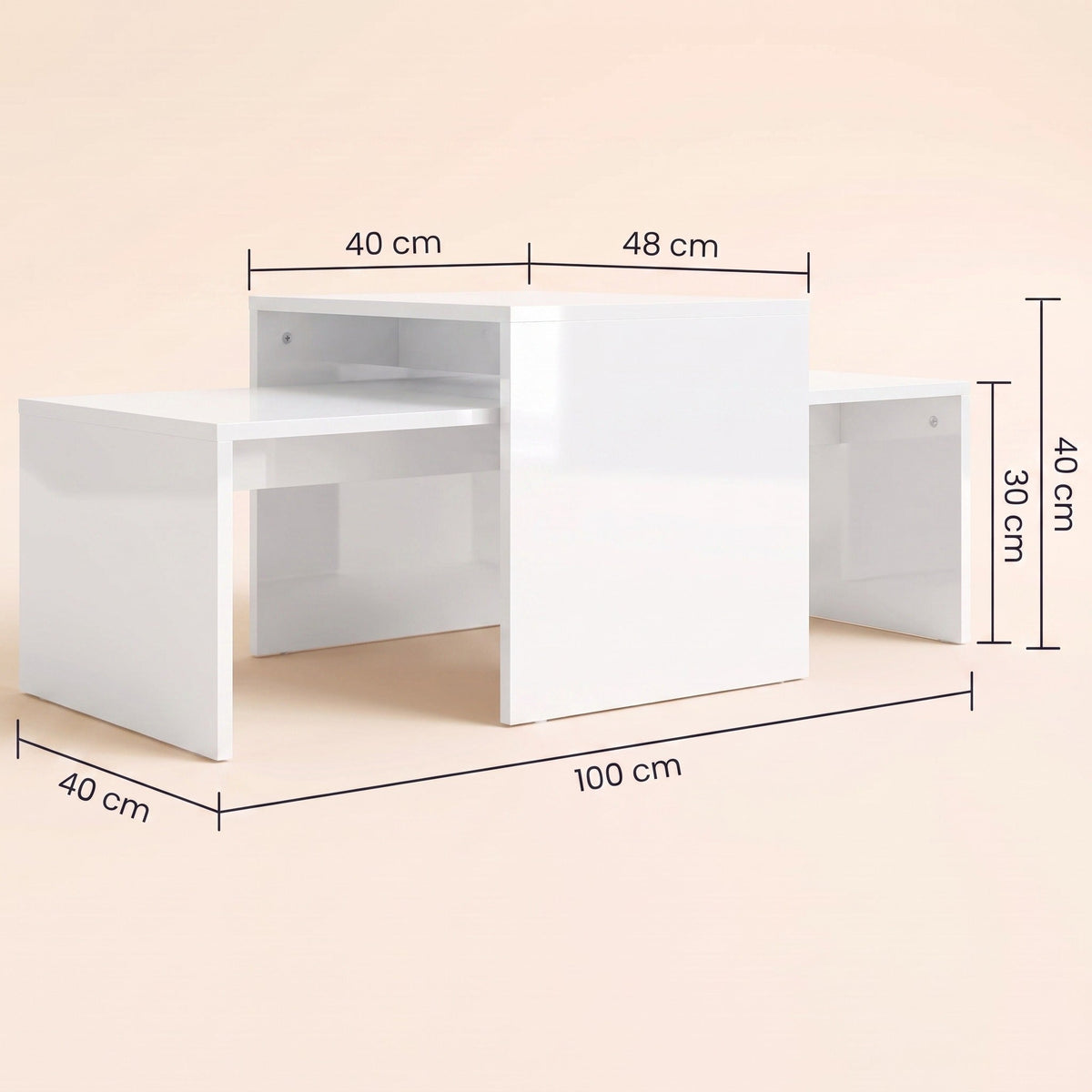 Dimensions des tables gigognes Solna : 100 × 40 cm et 48 × 40 cm, hauteurs 40 et 30 cm #Couleur_Blanc brillant