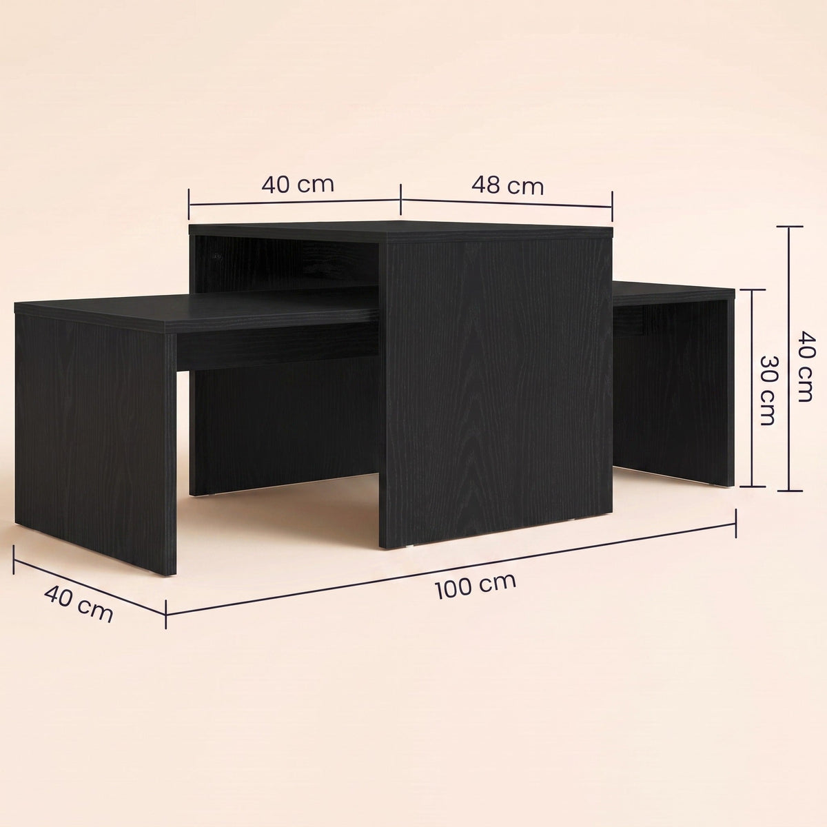 Dimensions des tables gigognes Solna : 100 × 40 cm et 48 × 40 cm, hauteurs 40 et 30 cm #Couleur_Chêne noir