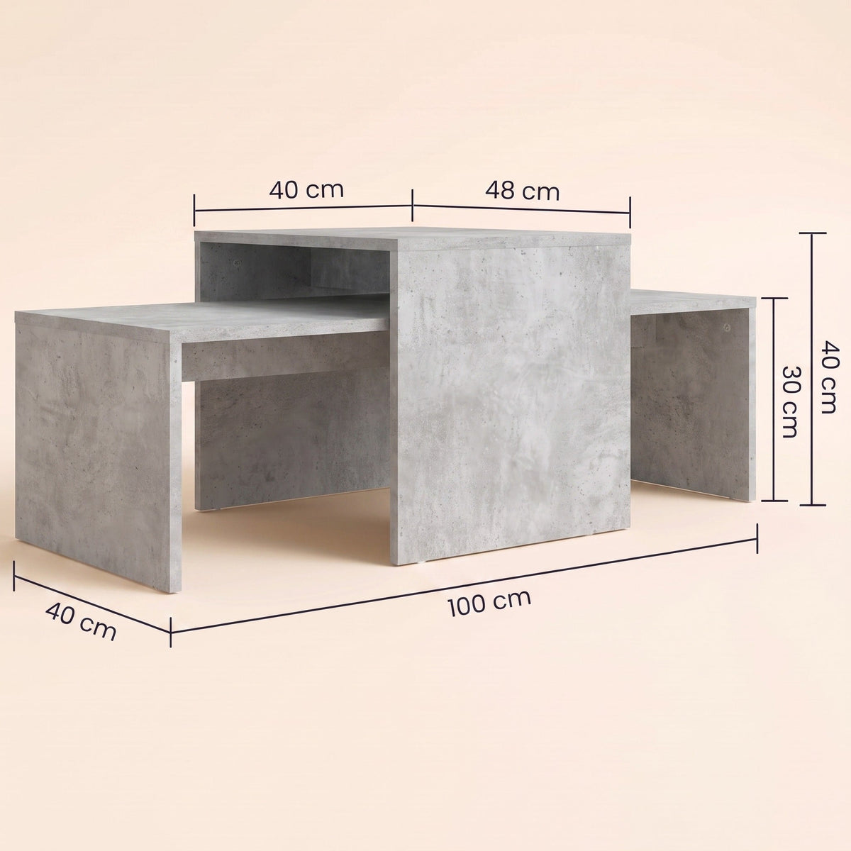Dimensions des tables gigognes Solna : 100 × 40 cm et 48 × 40 cm, hauteurs 40 et 30 cm #Couleur_Gris béton