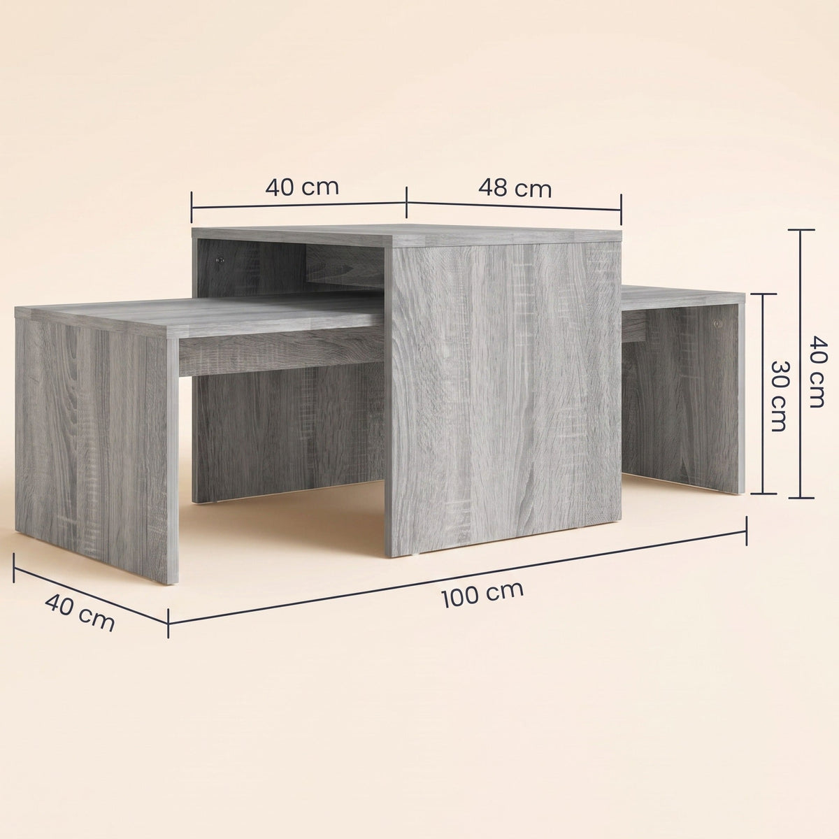 Dimensions des tables gigognes Solna : 100 × 40 cm et 48 × 40 cm, hauteurs 40 et 30 cm #Couleur_Sonoma gris