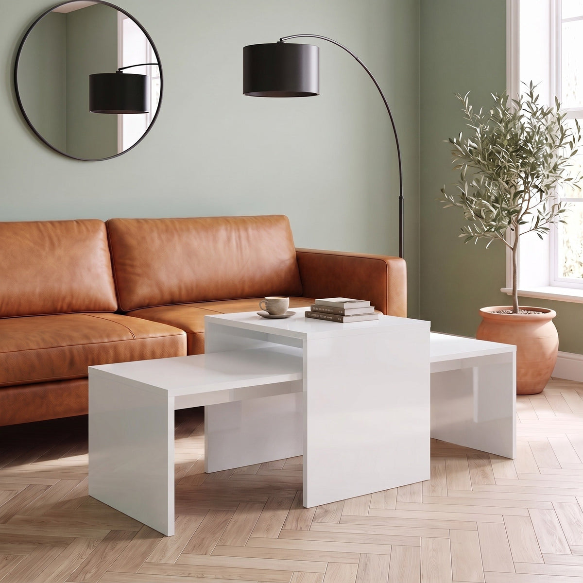 Tables gigognes Solna blanc brillant dans un salon #Couleur_Blanc brillant
