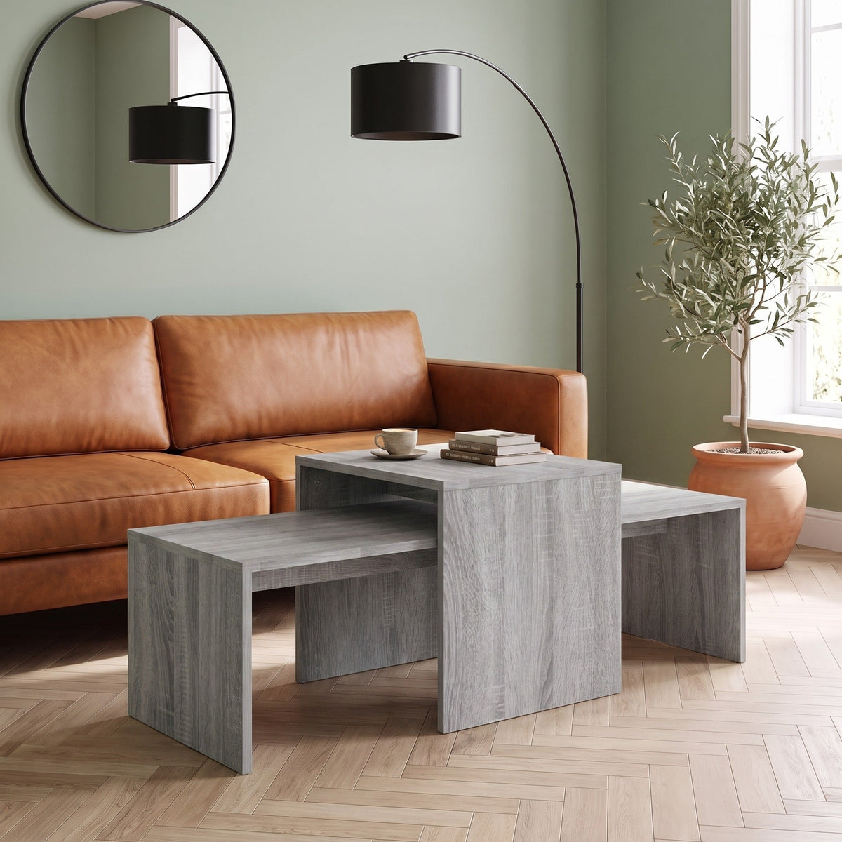 Tables gigognes Solna sonoma gris dans un salon #Couleur_Sonoma gris