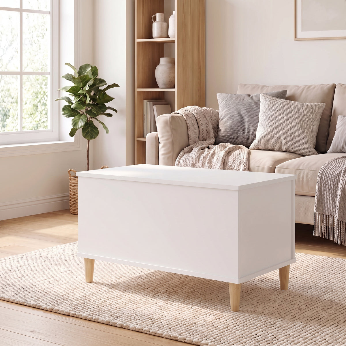 Table basse relevable Sylva blanc dans un salon lumineux #Dimensions_90 × 44,5 × 45 cm #Couleur_Blanc