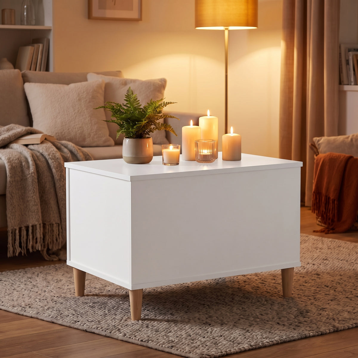 Table basse relevable Sylva blanc, ambiance du soir aux bougies #Dimensions_60 × 44,5 × 45 cm #Couleur_Blanc