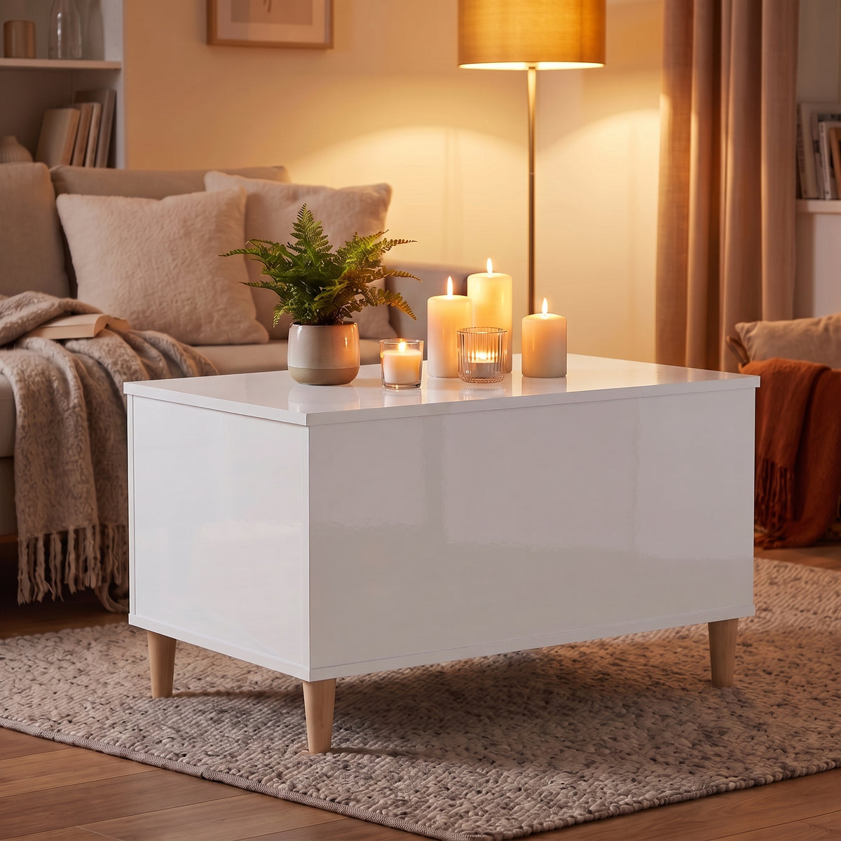 Table basse relevable Sylva blanc brillant, ambiance du soir aux bougies #Dimensions_90 × 44,5 × 45 cm #Couleur_Blanc brillant