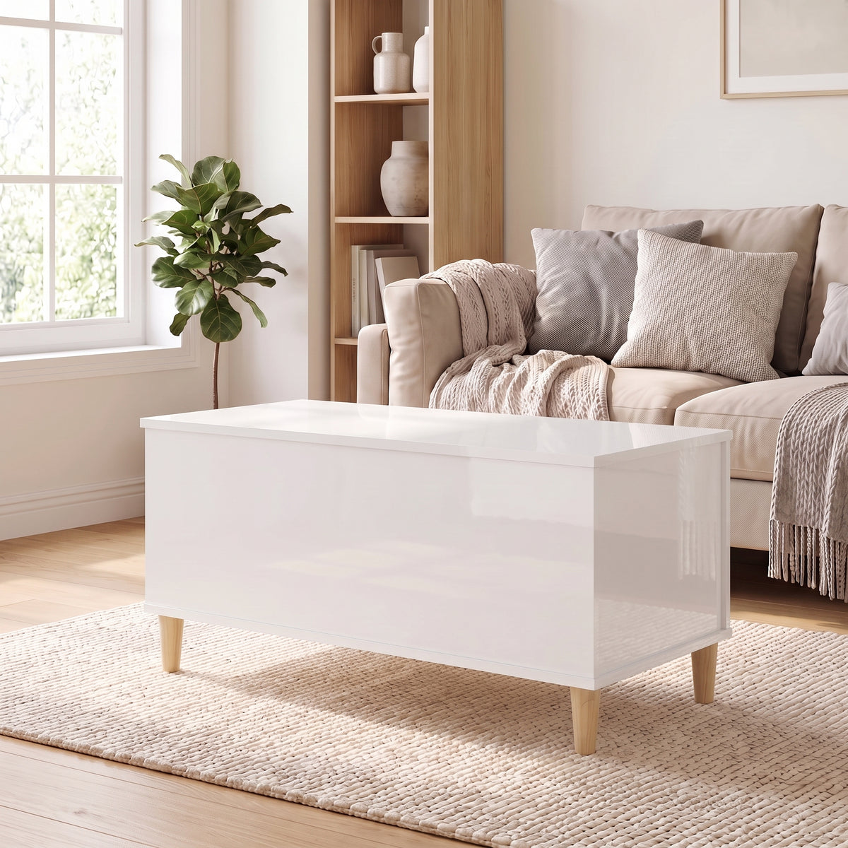 Table basse relevable Sylva blanc brillant dans un salon lumineux #Dimensions_90 × 44,5 × 45 cm #Couleur_Blanc brillant