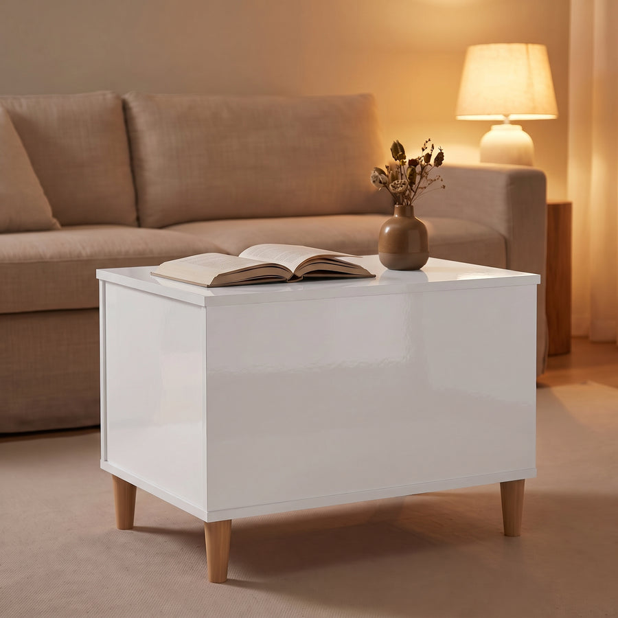 Table basse relevable Sylva blanc brillant fermée, salon au crépuscule
