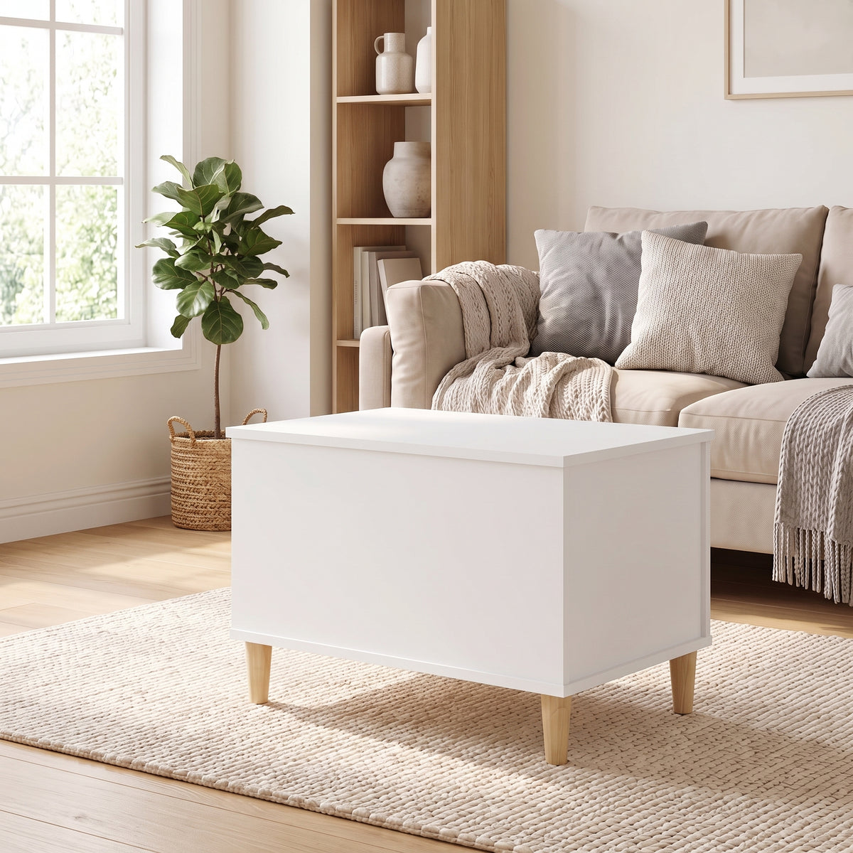 Table basse relevable Sylva blanc dans un salon lumineux #Dimensions_60 × 44,5 × 45 cm #Couleur_Blanc