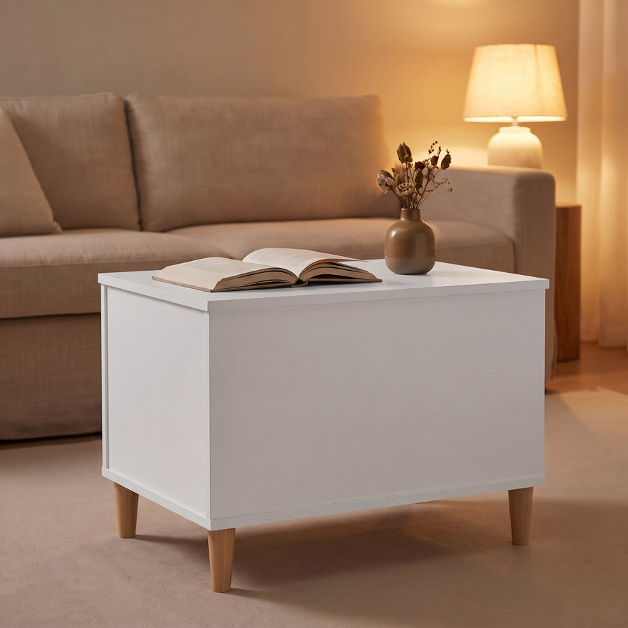Table basse relevable Sylva blanc fermée, salon au crépuscule
