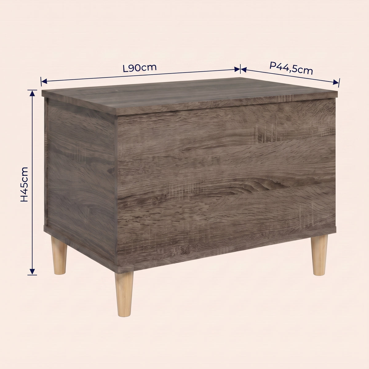 Dimensions de la table basse relevable Sylva chêne fumé #Dimensions_90 × 44,5 × 45 cm #Couleur_Chêne fumé