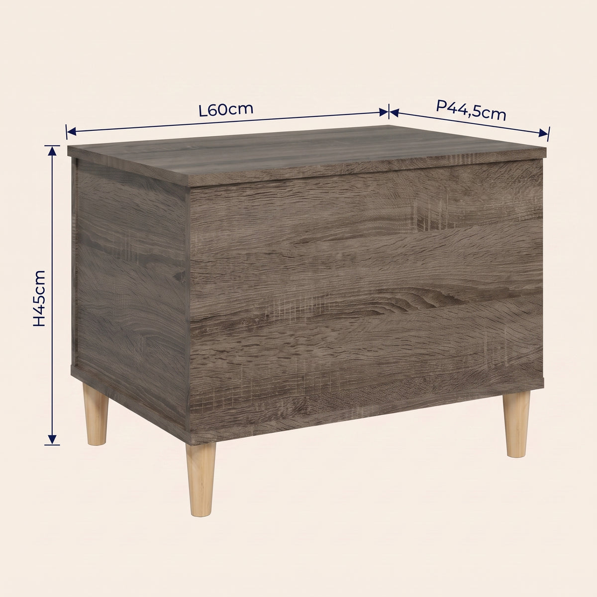 Dimensions de la table basse relevable Sylva chêne fumé #Dimensions_60 × 44,5 × 45 cm #Couleur_Chêne fumé