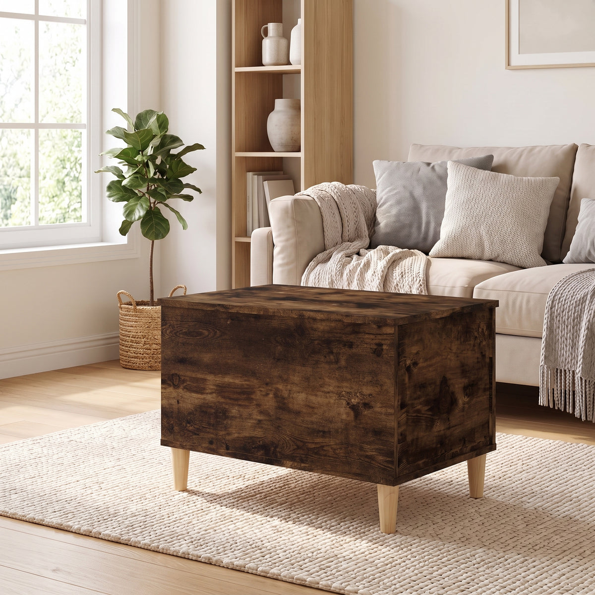Table basse relevable Sylva chêne fumé dans un salon lumineux #Dimensions_60 × 44,5 × 45 cm #Couleur_Chêne fumé