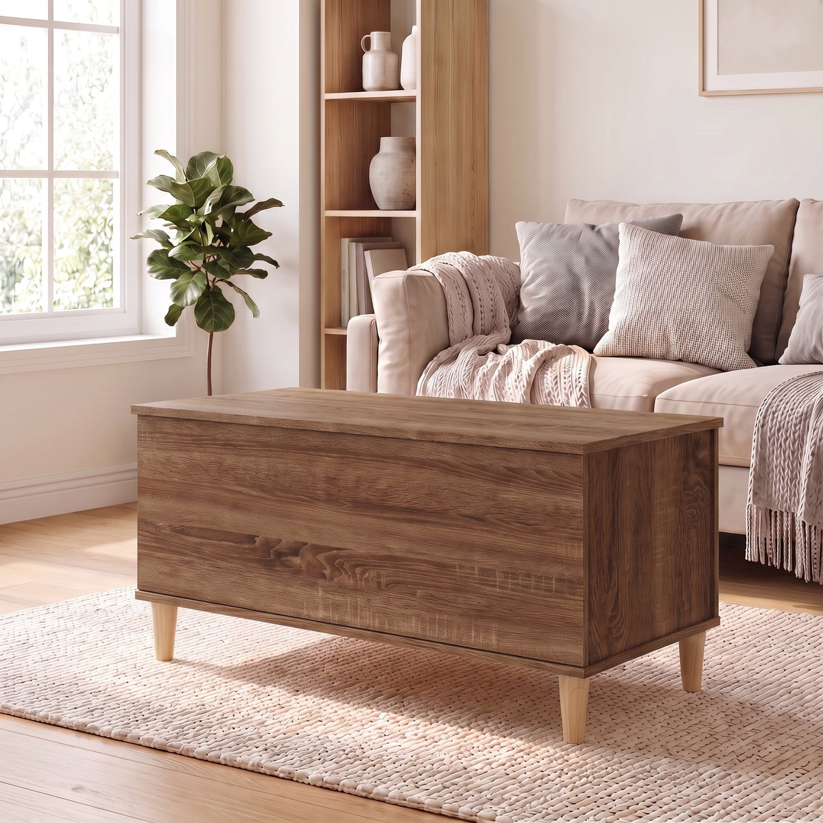Table basse relevable Sylva chêne marron dans un salon lumineux #Dimensions_90 × 44,5 × 45 cm #Couleur_Chêne marron