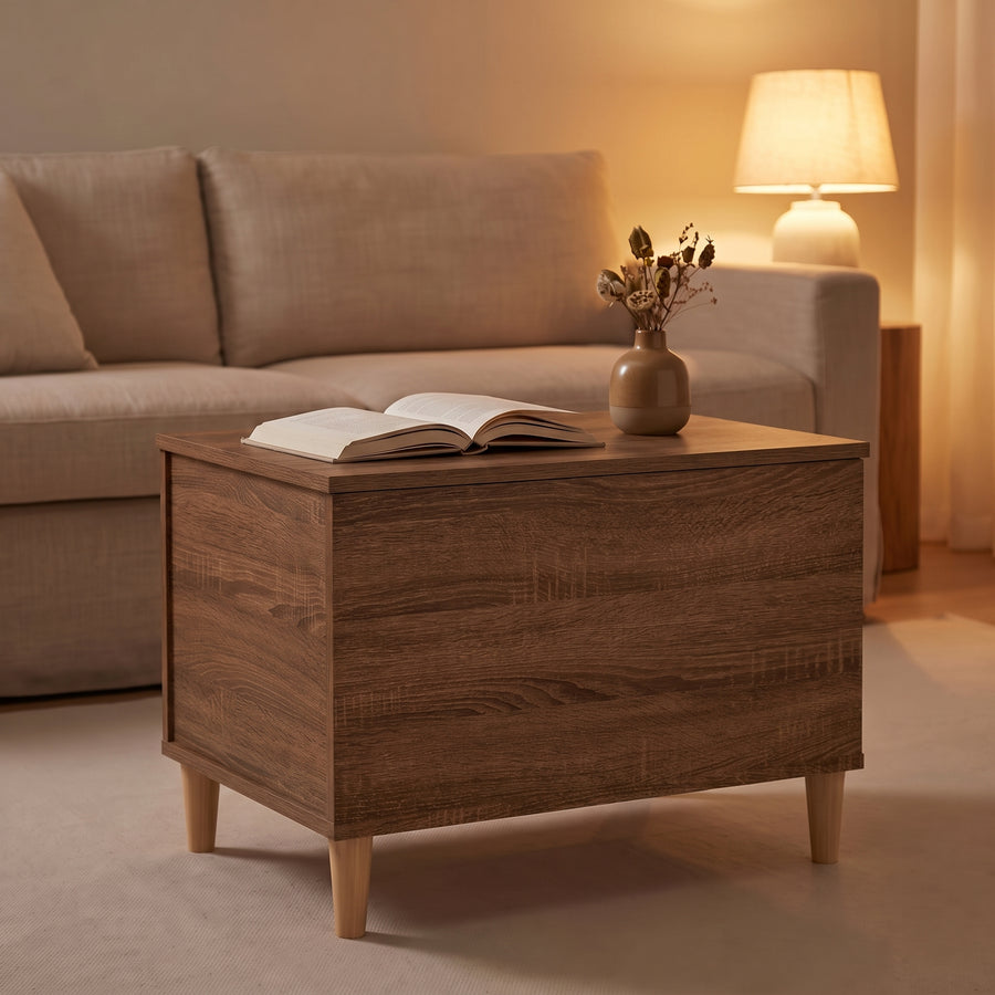 Table basse relevable Sylva chêne marron fermée, salon au crépuscule