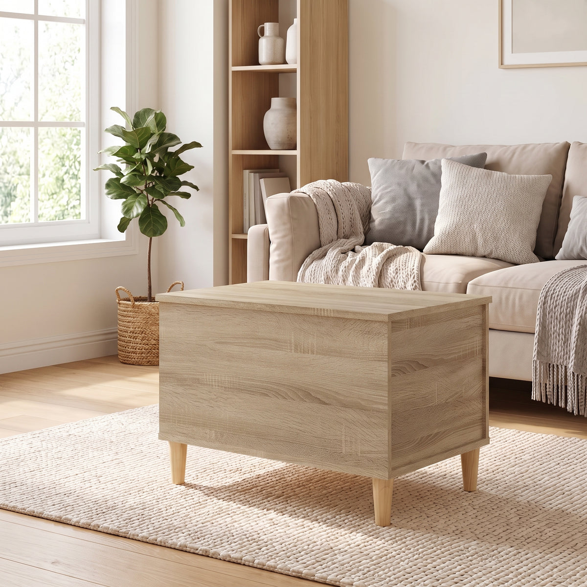 Table basse relevable Sylva chêne sonoma dans un salon lumineux #Dimensions_60 × 44,5 × 45 cm #Couleur_Chêne sonoma