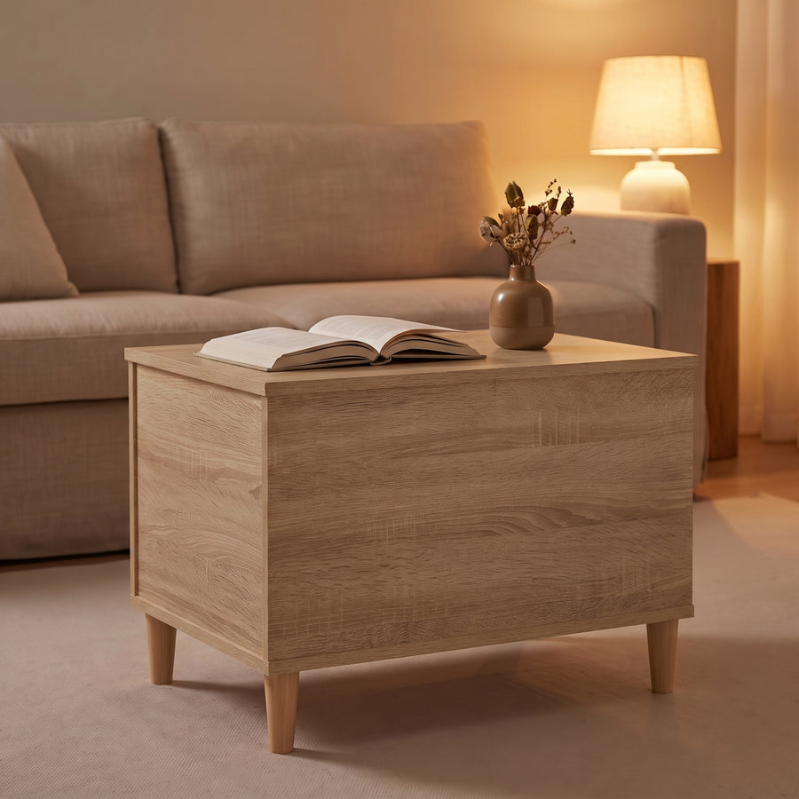 Table basse relevable Sylva chêne sonoma fermée, salon au crépuscule
