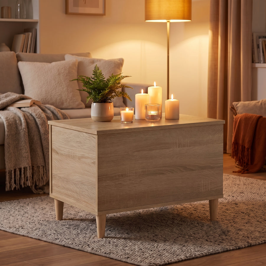 Table basse relevable Sylva chêne sonoma, ambiance du soir aux bougies