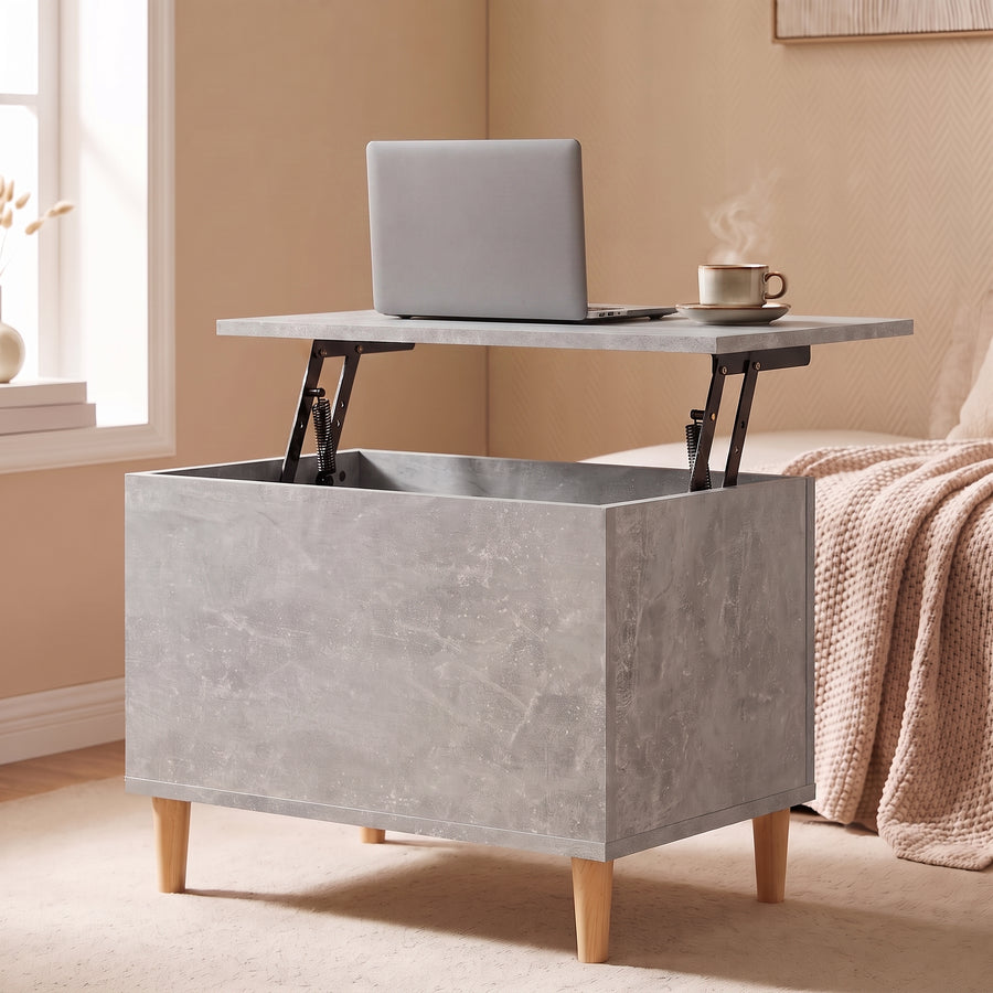 Table basse relevable Sylva gris béton, plateau relevé en bureau d’appoint