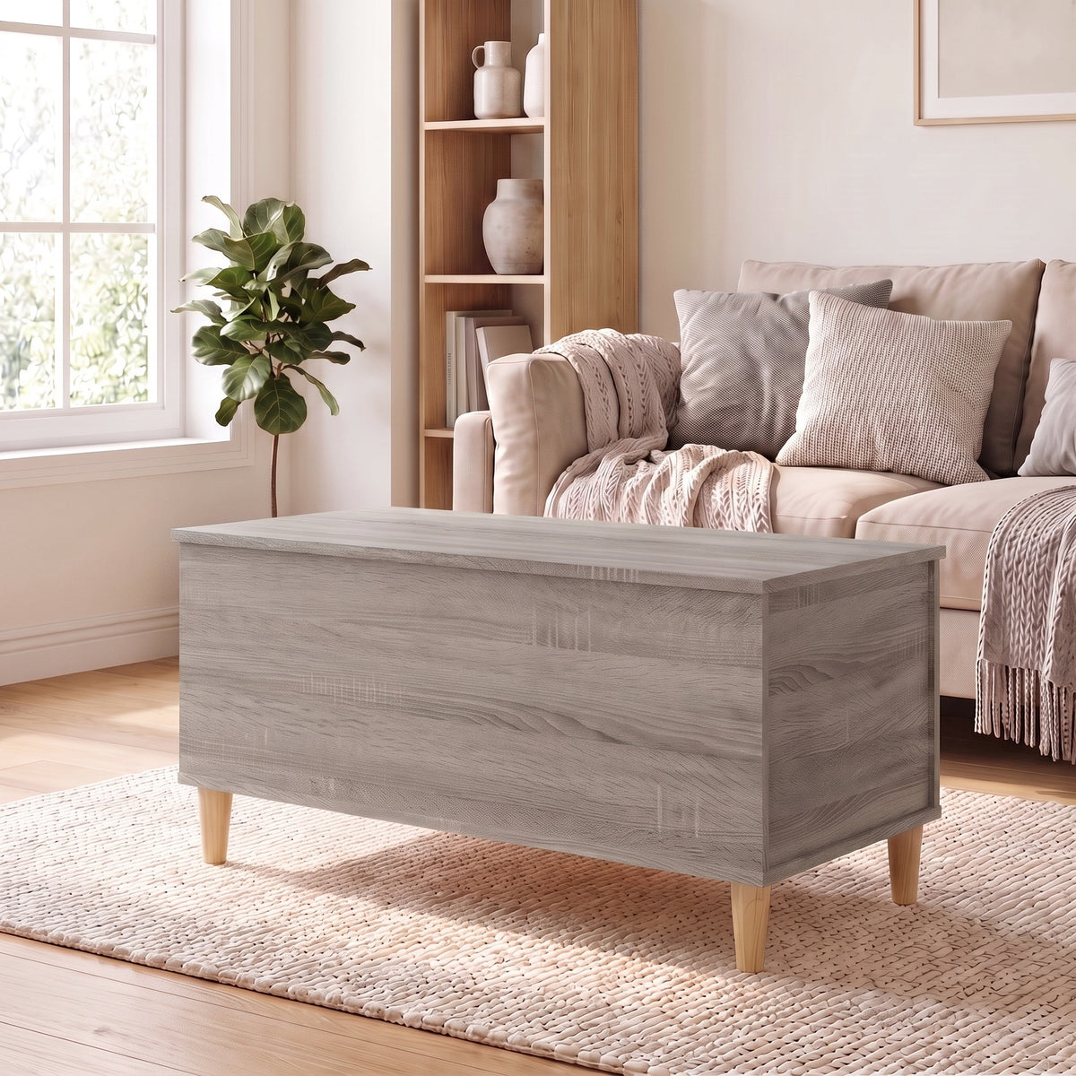 Table basse relevable Sylva sonoma gris dans un salon lumineux #Dimensions_90 × 44,5 × 45 cm #Couleur_Sonoma gris