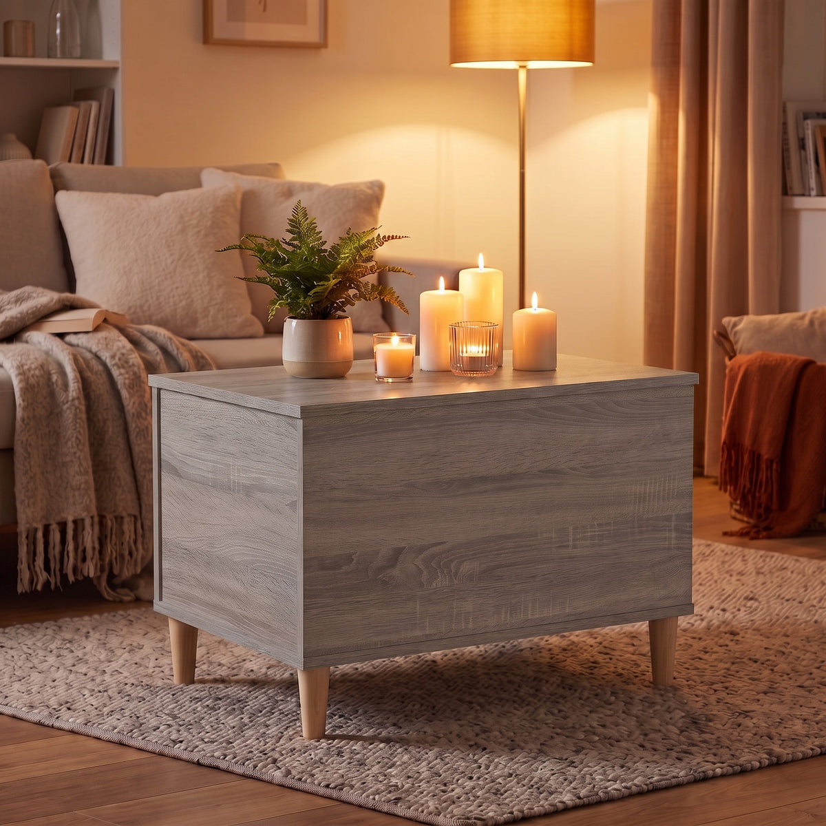 Table basse relevable Sylva sonoma gris, ambiance du soir aux bougies #Dimensions_60 × 44,5 × 45 cm #Couleur_Sonoma gris