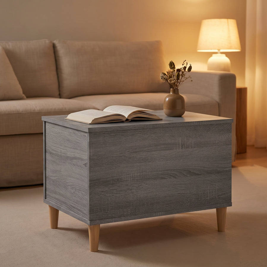 Table basse relevable Sylva sonoma gris fermée, salon au crépuscule
