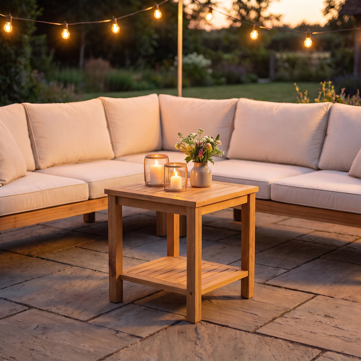 Table en teck massif Timba, 50 x 35 x 45 cm, terrasse du soir #Dimensions_50 × 35 × 45 cm