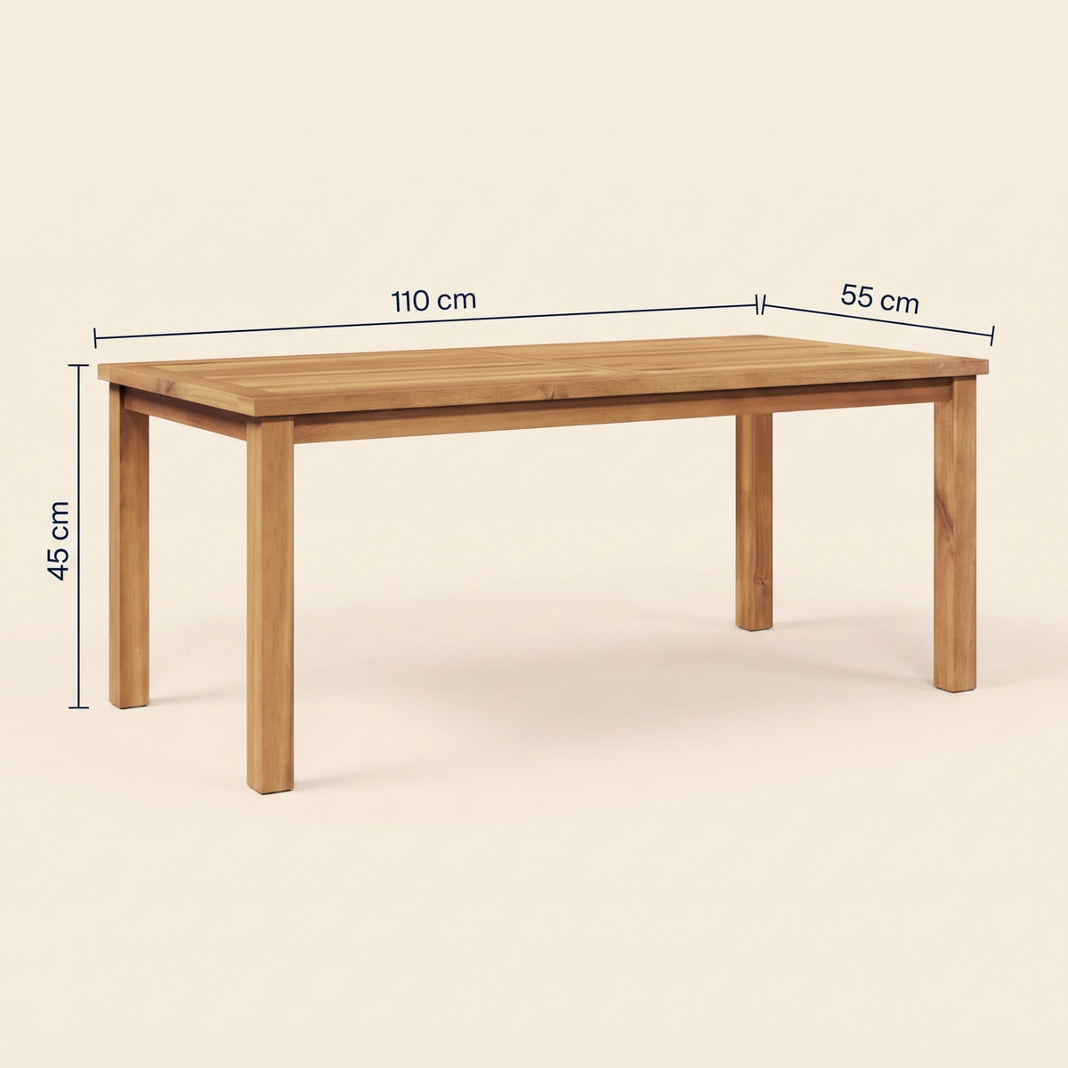 Table en teck massif Timba, 110 x 55 x 45 cm, schéma des dimensions #Dimensions_110 × 55 × 45 cm