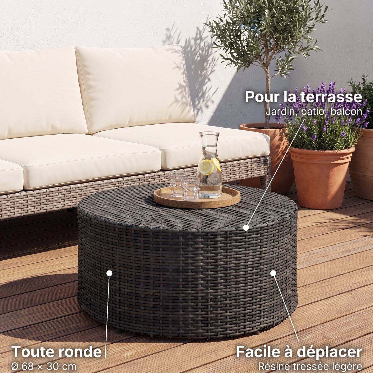 Table basse ronde de jardin en résine tressée Tonda noir : toute ronde (Ø 68 × 30 cm), facile à déplacer (Résine tressée légère), pour la terrasse (Jardin, patio, balcon) #Couleur_Noir